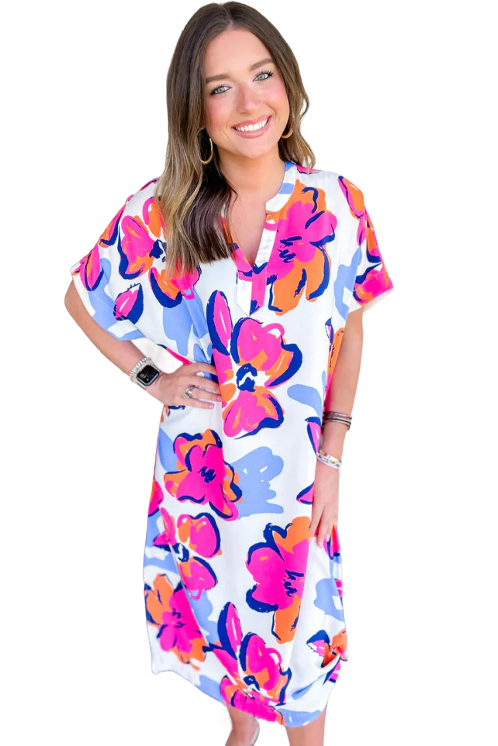 Multicolor Boho Floral Collared Long Sleeve Dress