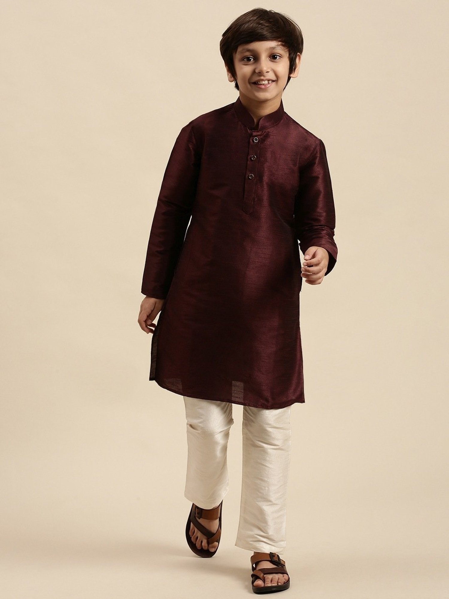 Sanwara Kids Wine Red & White Solid Kurta Set