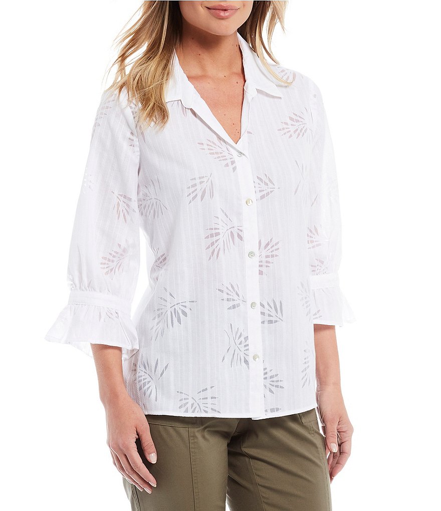 Allison Daley Palm Burnout 3/4 Bell Sleeve Button Front Shirt