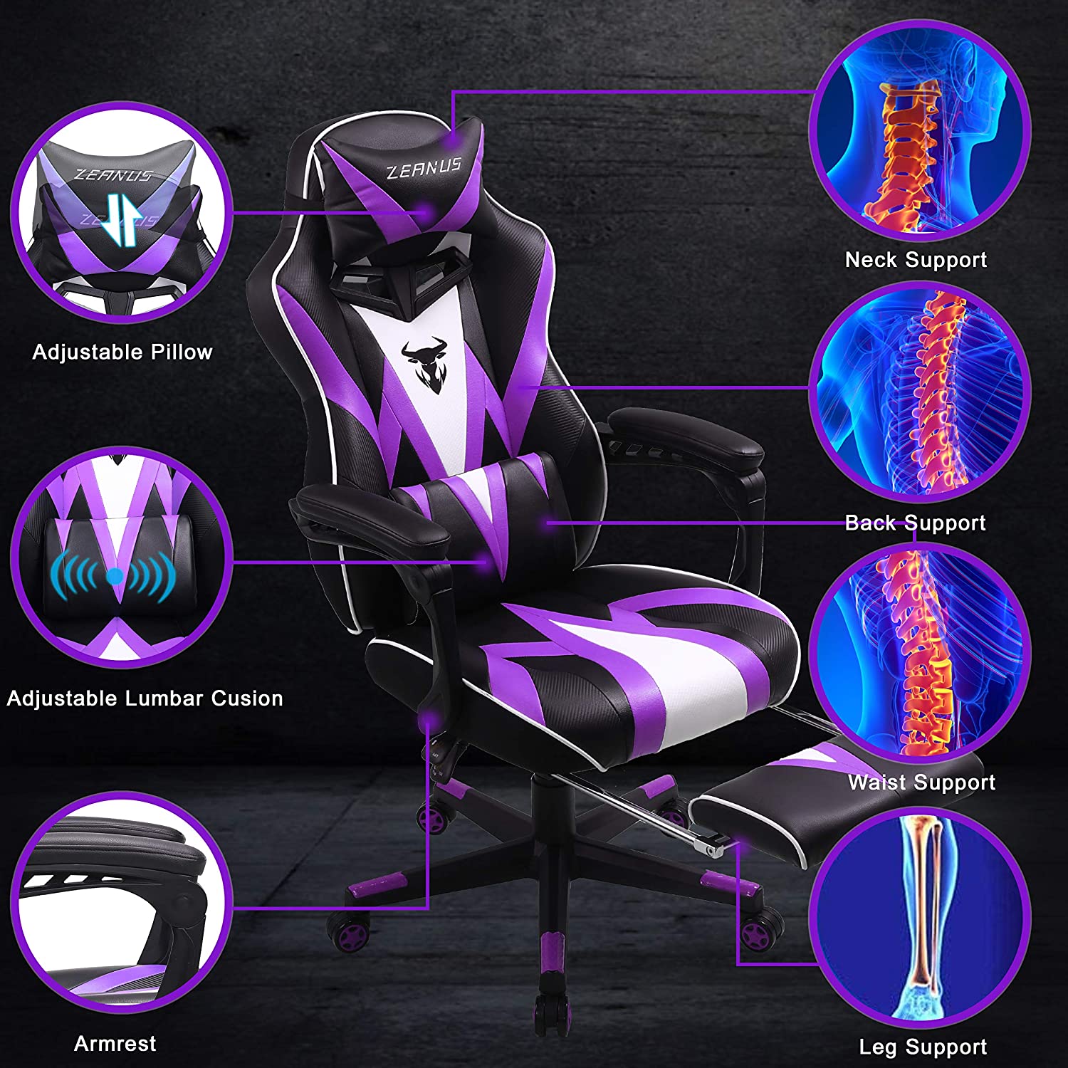 Zeanus Pink Ergonomic Gaming Chair for Girl, Gaming Chair with Footrest, Gaming Chair for Adults, High Back Racing Chair, Computer Chair with Massage, E-Sports Gamer Chair, Big and Tall Gaming Chair