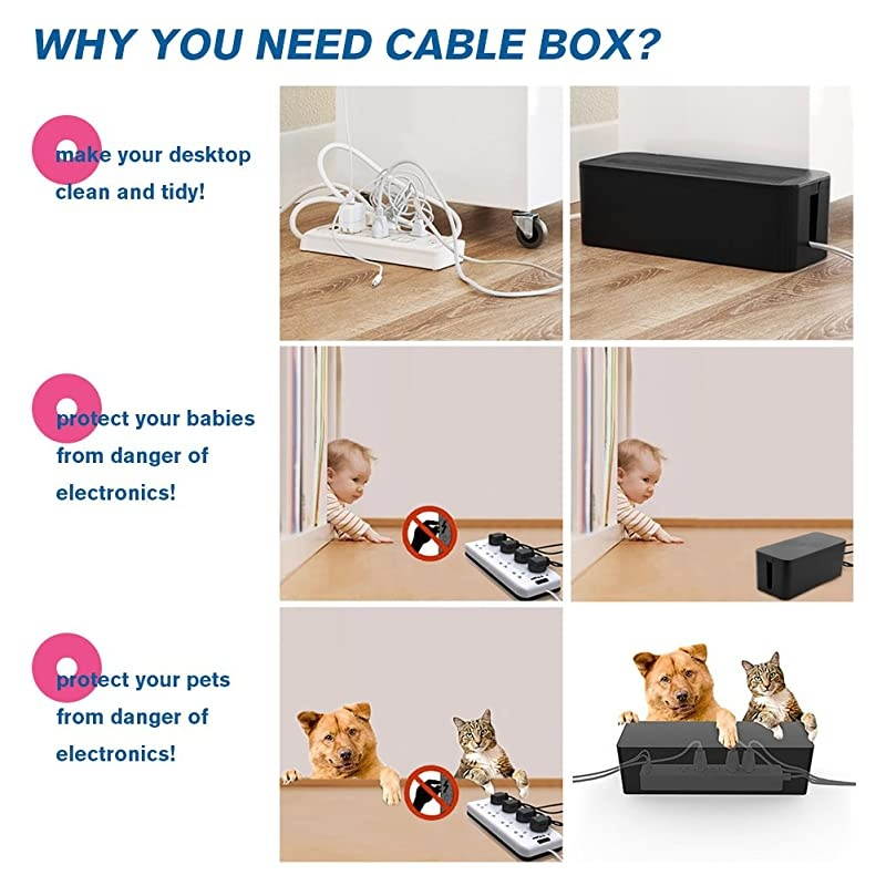 Cable Management Box Cable Organizer For Cable and Cord Management Storage and Holder to Cover and Hide Power Strips Cords balck 2 set