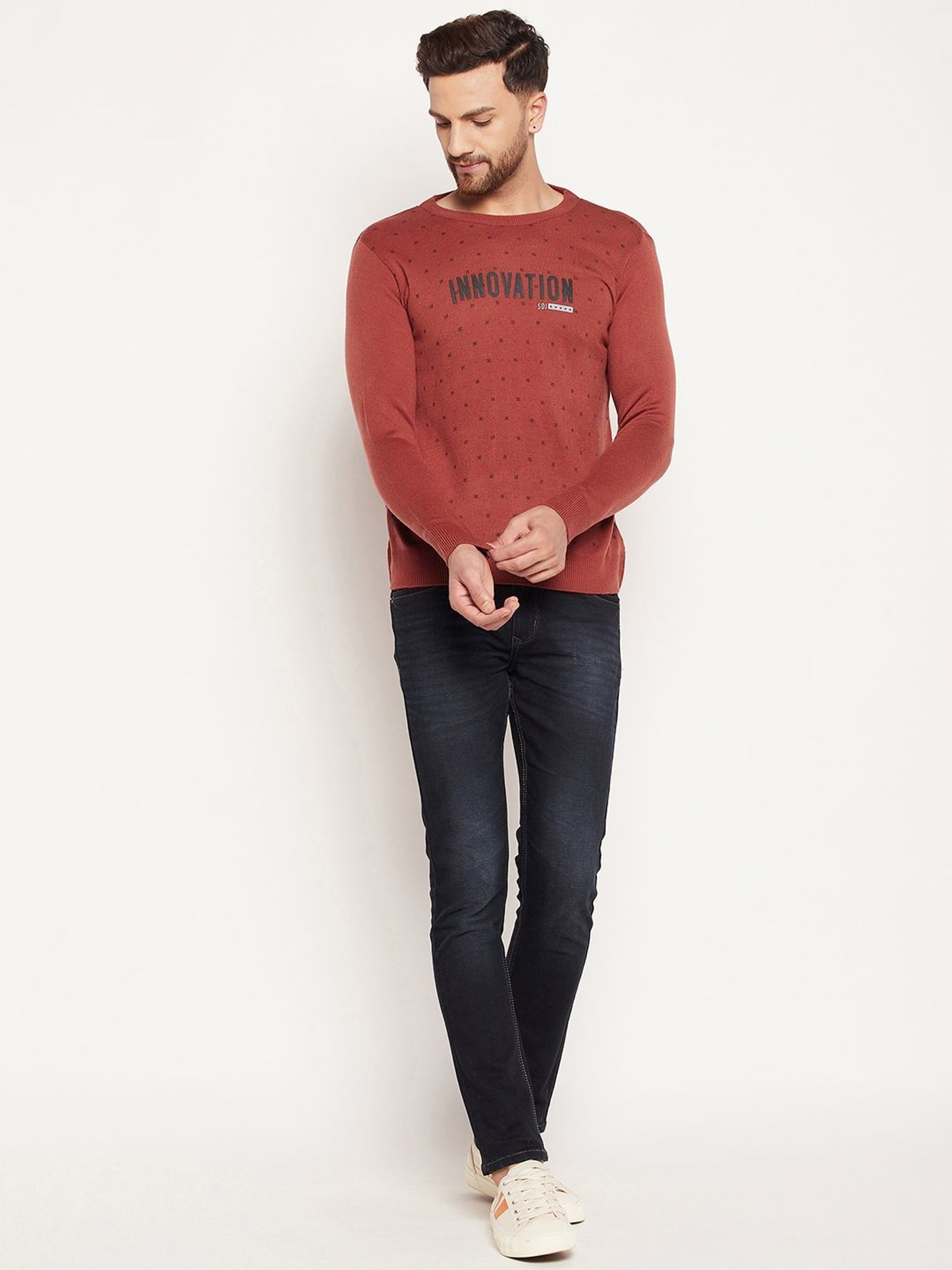 Duke Rust Slim Fit Printed Sweater