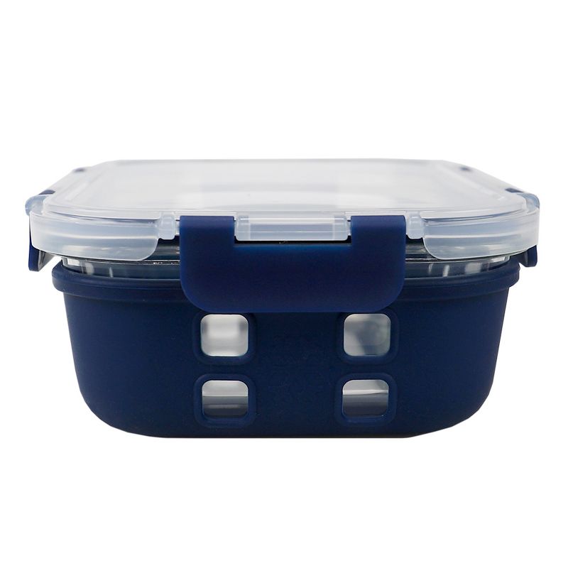 Michael Graves Design Rectangle Large 35 Ounce High Borosilicate Glass Food Storage Container with Plastic Lid, Indigo
