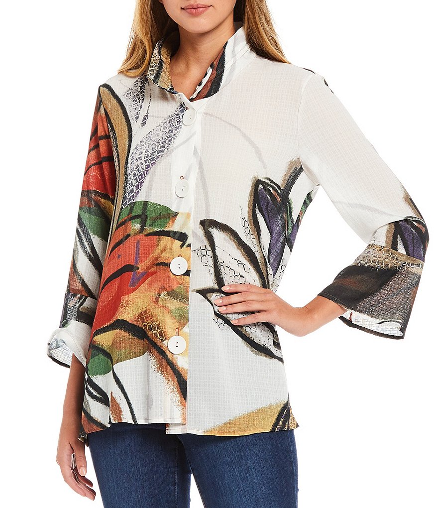 Ali Miles Petite Size Abstract Floral Print Button Front Floral Wire Neck 3/4 Bell Sleeve Jacket