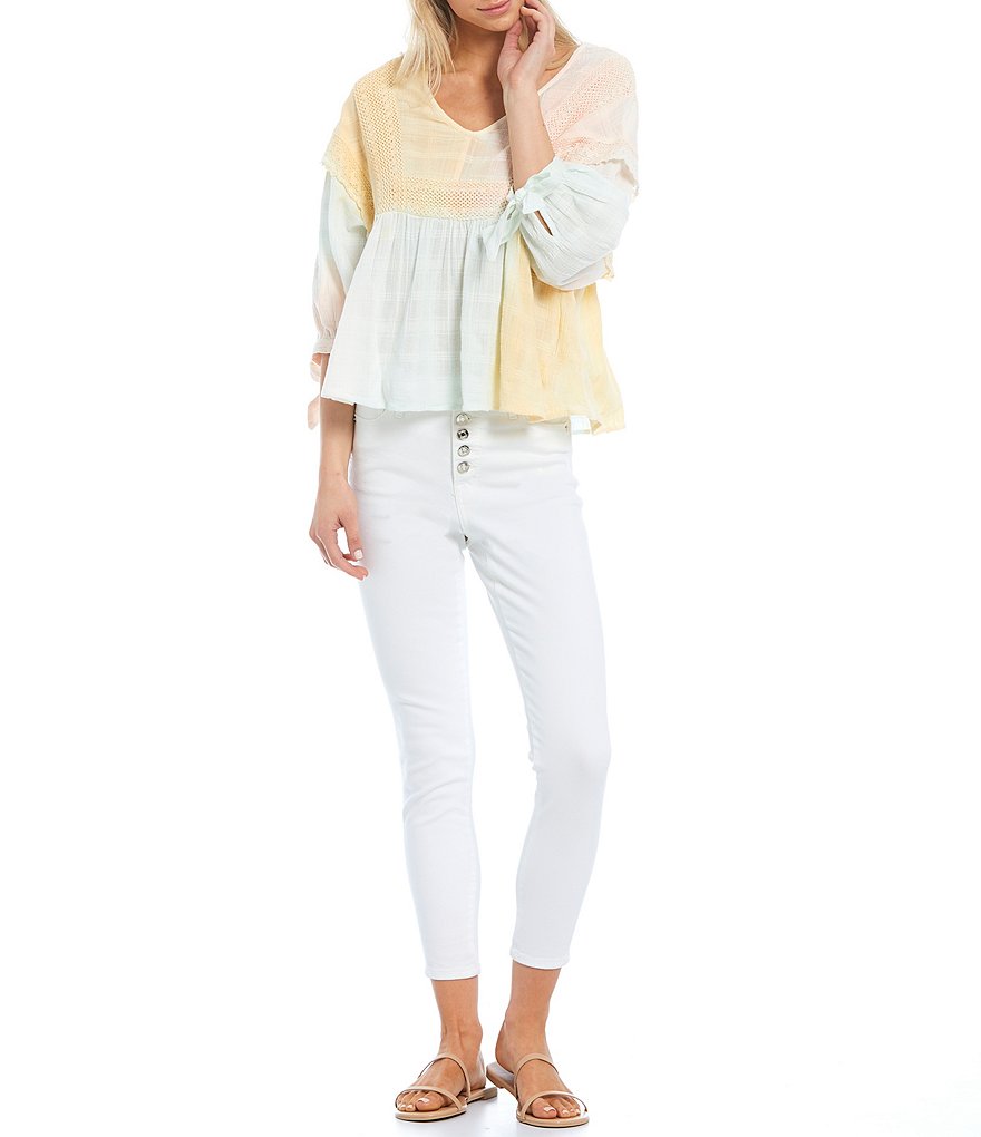 Ella Moss Michaela Multi Color V-Neck Lace Trim Details Puff Tie Sleeve Cotton Blouse