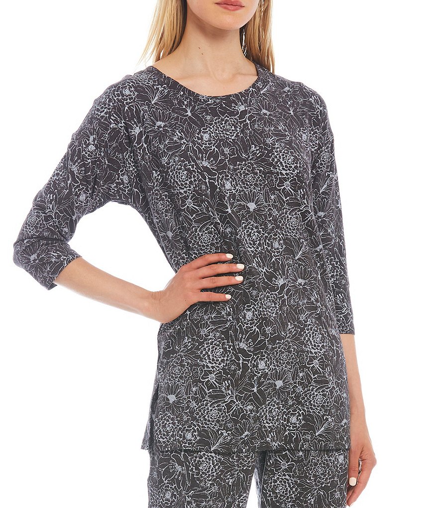 VAN WINKLE & CO. Floral Print Jersey Knit Coordinating Round Neck Long Sleeve Sleep Top