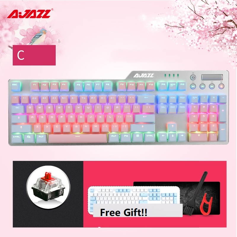 Ajazz AK35I  N-key Rollover Ergonomic Design,Cool Exterior USB Wired Blue Switch Mechanical  Gaming White  Backlit Keyboard For Office And Game, DIY PBT Keycaps - Cherry Blossom Version