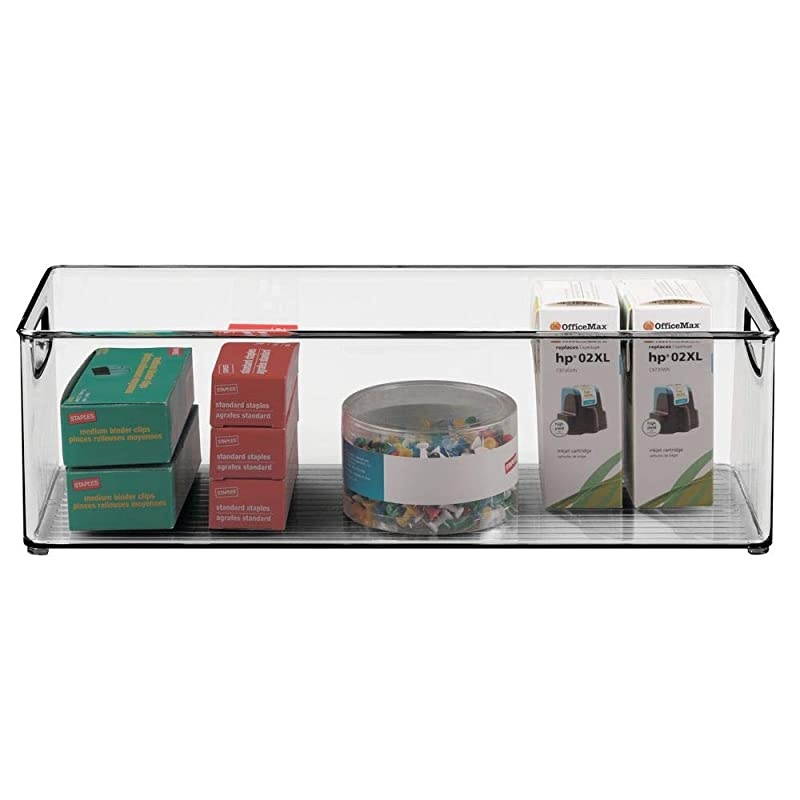 Large Stackable Plastic Storage Bin Container Home Office Desk and Drawer Organizer Tote with Handles Holds Gel Pens Erasers Tape Pens Pencils Markers 16 Long 4 Pack Smoke Gray