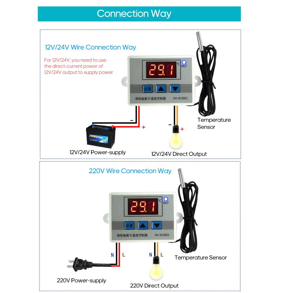 XH-W3002 Intelligent Led Digital Microcomputer Temperature Controller Mini Thermostat Switch with Water-resistant Sensor Probe