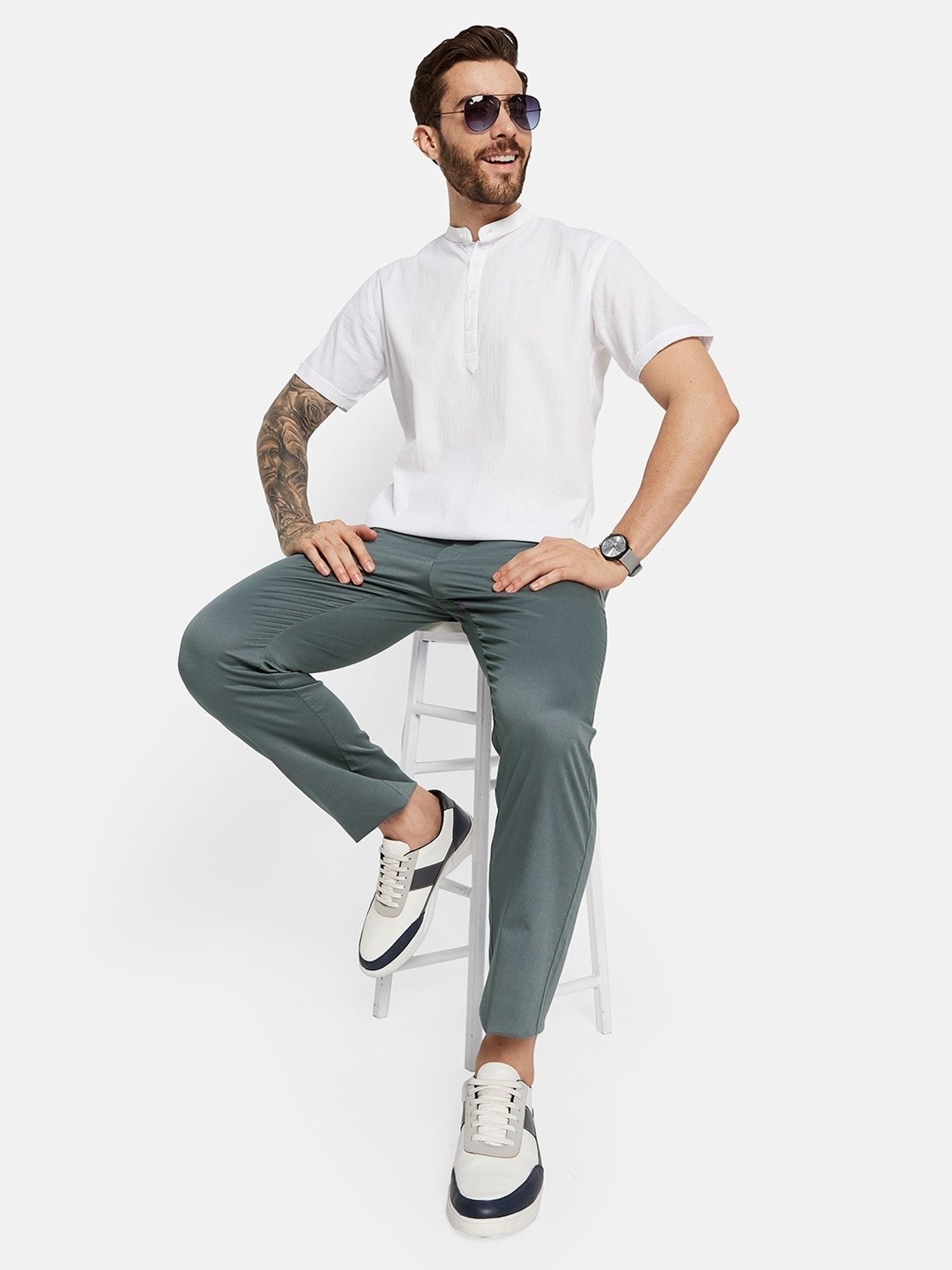 Octave Steel Blue Cotton Regular Fit Trousers