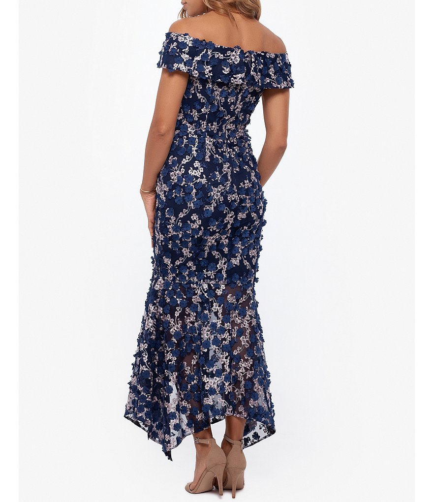 Xscape Midi Raised Flower Off-the-Shoulder Cap Sleeve Flounce Dress