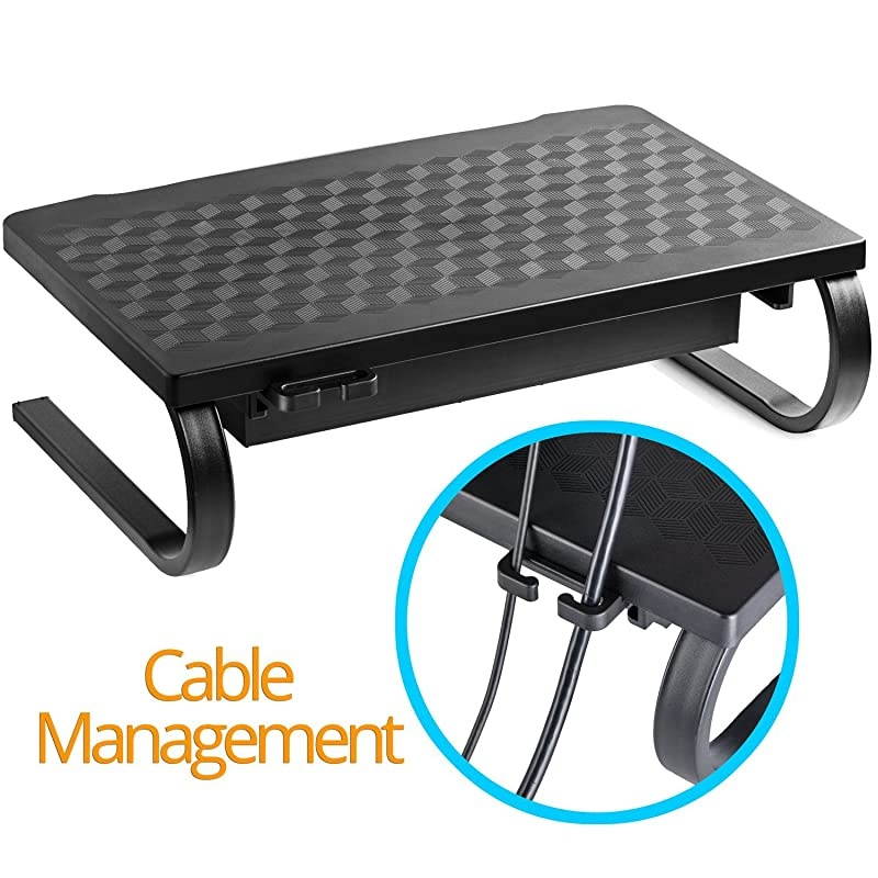Monitor Stand Riser and Computer Desk Organizer with Storage Drawer & Cable Management for Printer, Laptop, Desk Shelf and Keyboard Holder, Black