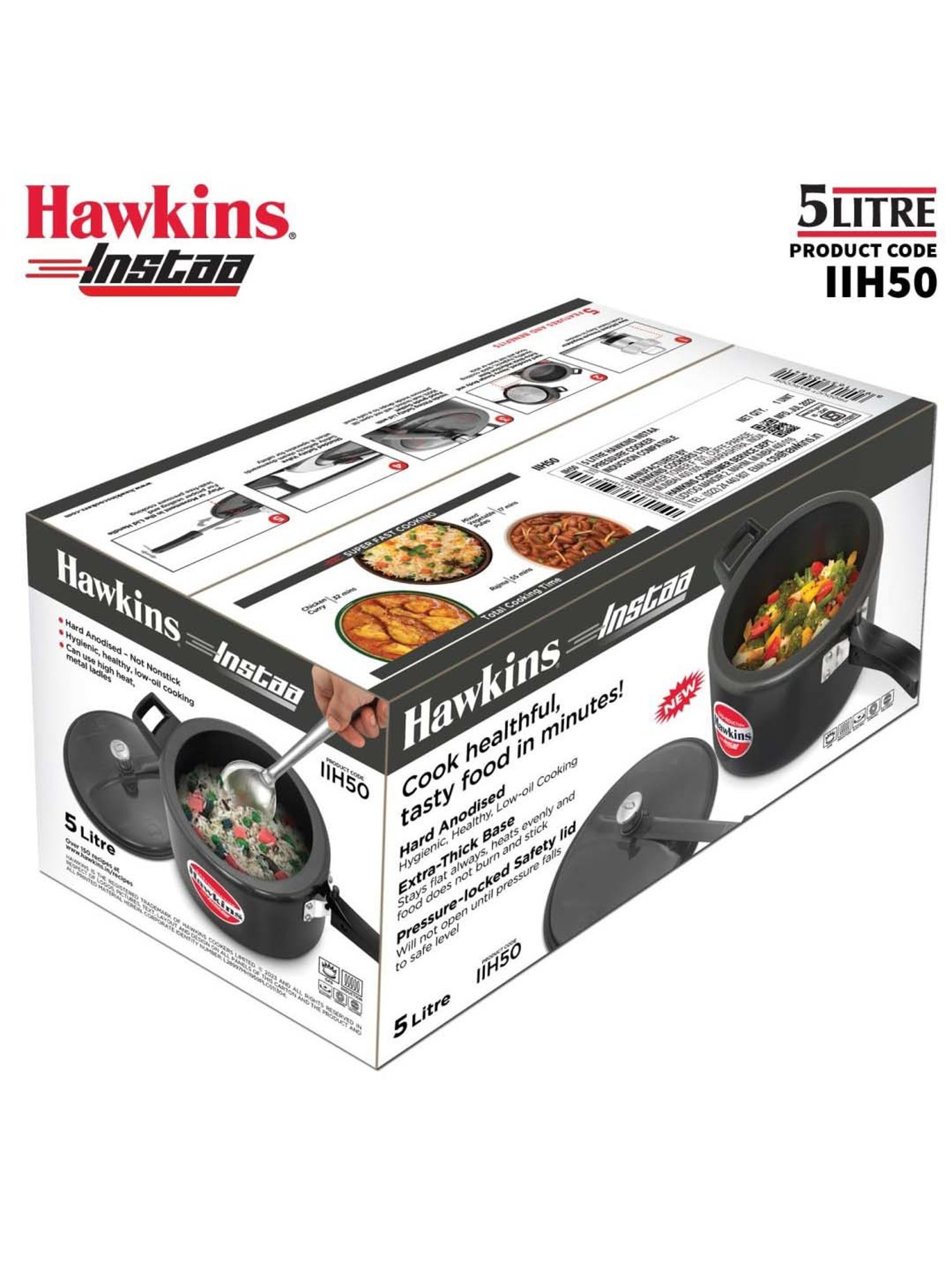 Hawkins Black Aluminium Induction Inner Lid Instaa Hard Anodised Pressure Cooker (Iih50) (5 L)