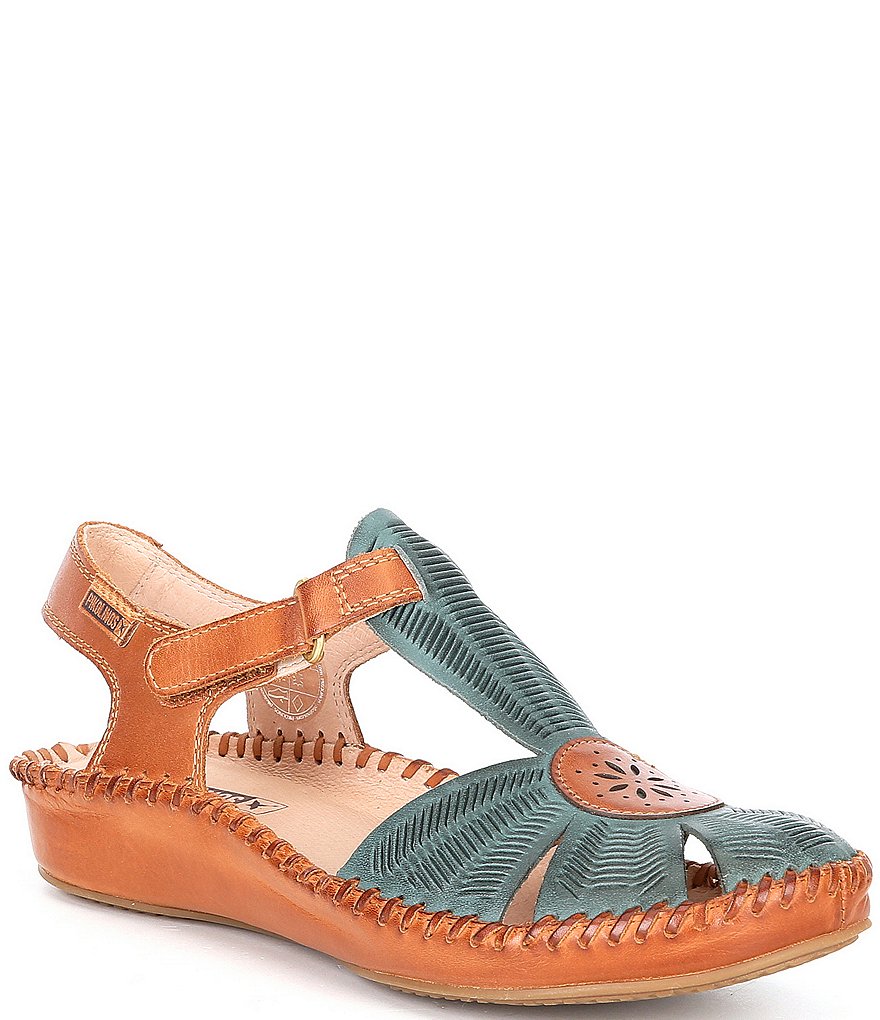 Pikolinos Puerto Vallarta 655 Leather Cut-Out Detail T-Strap Wedge Sandals