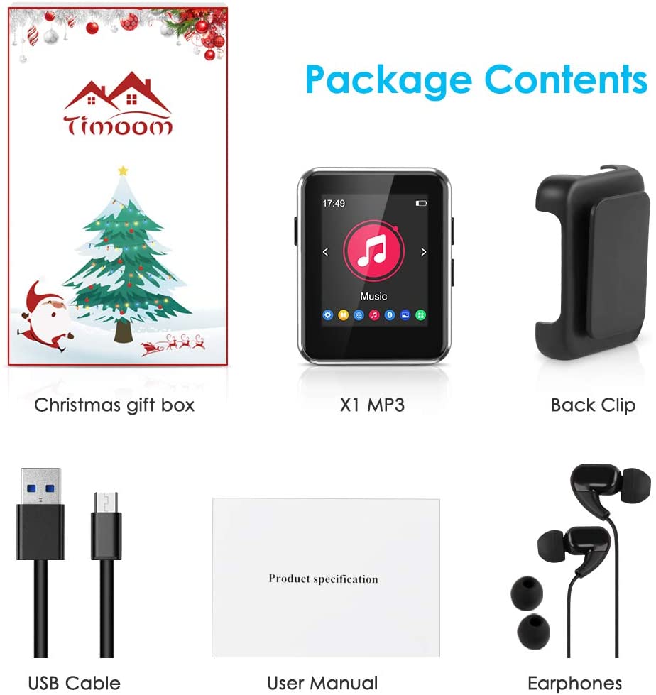 Kingbox Mp3 player with Bluetooth, music player with clip supports full touch screen, built-in speaker, HIFI lossless MP3 music player, FM radio, recorder (16GB, up to 128GB)