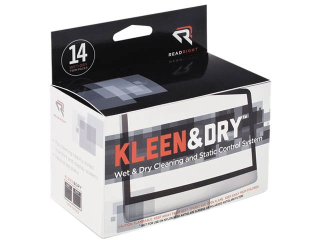 Read Right RR1205 Kleen & Dry Screen Cleaner Wet Wipes, Cloth, 5 x 5, 14/Box