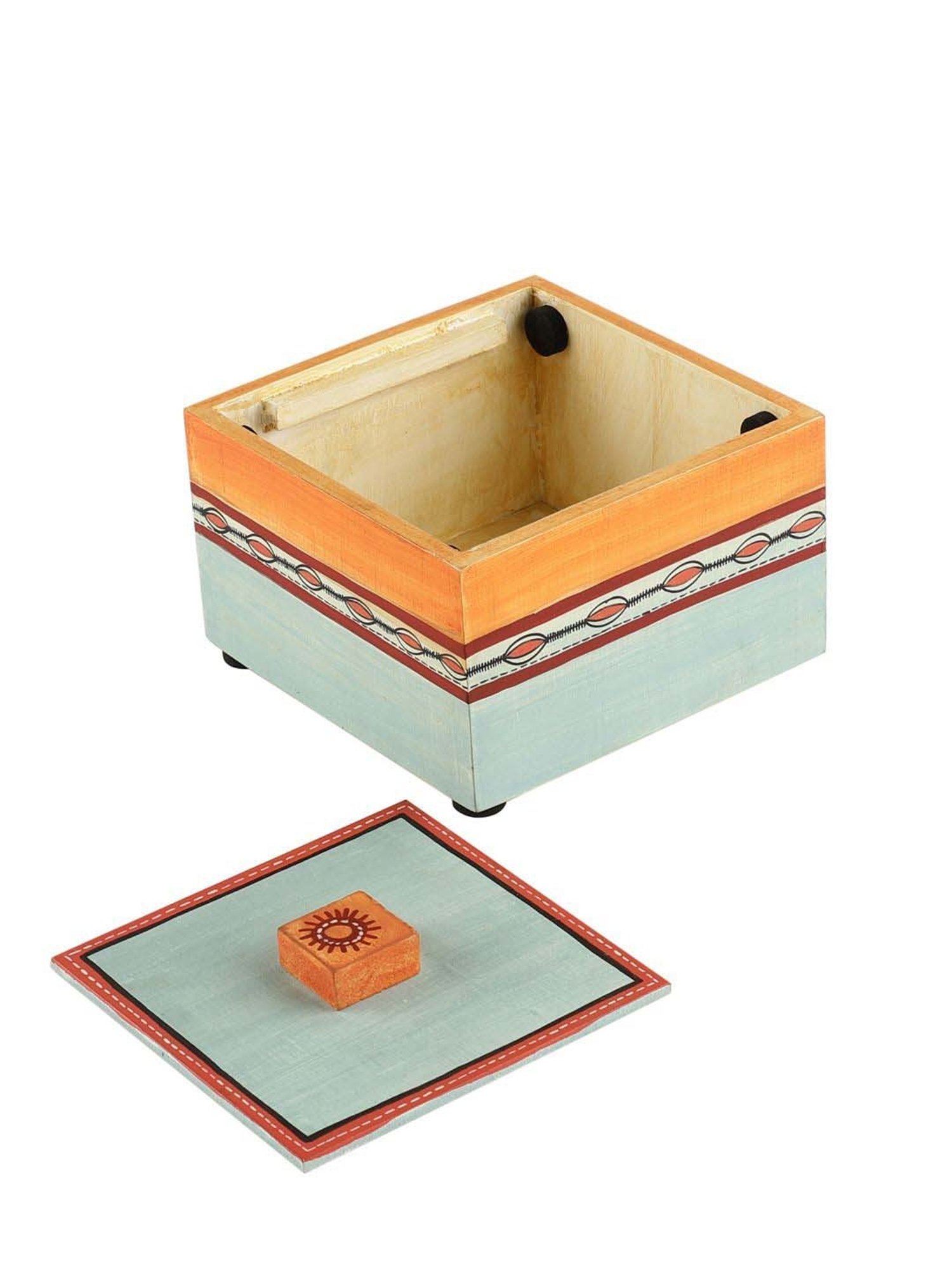 VarEesha Upahaar Blue & Red Wood Decorative Gift Box with 2 Tea Light Holders