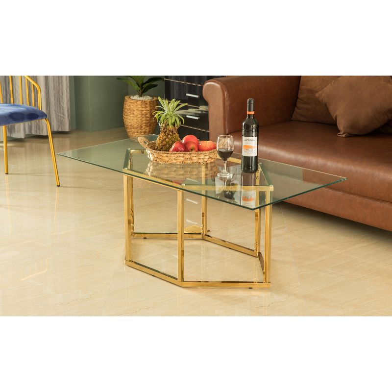 Bold Tones Rectangular Glass Top Hexagon Gold Stainless Steel Metal Base Coffee Table