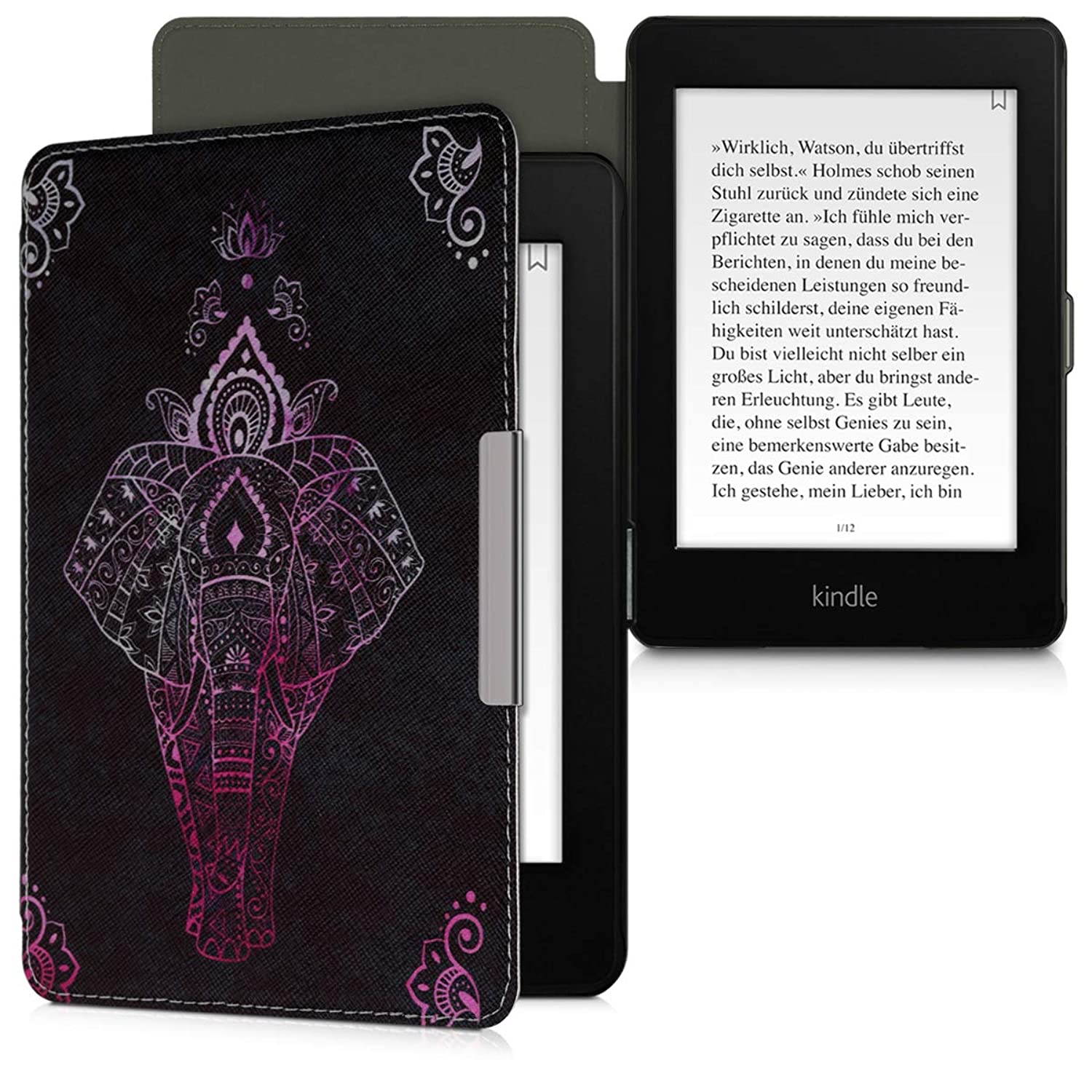 kwmobile Case Compatible with Amazon Kindle Paperwhite (10. Gen - 2018) - Book Style PU Leather e-Reader Cover - Elephant Sketch Dark Pink/Anthracite