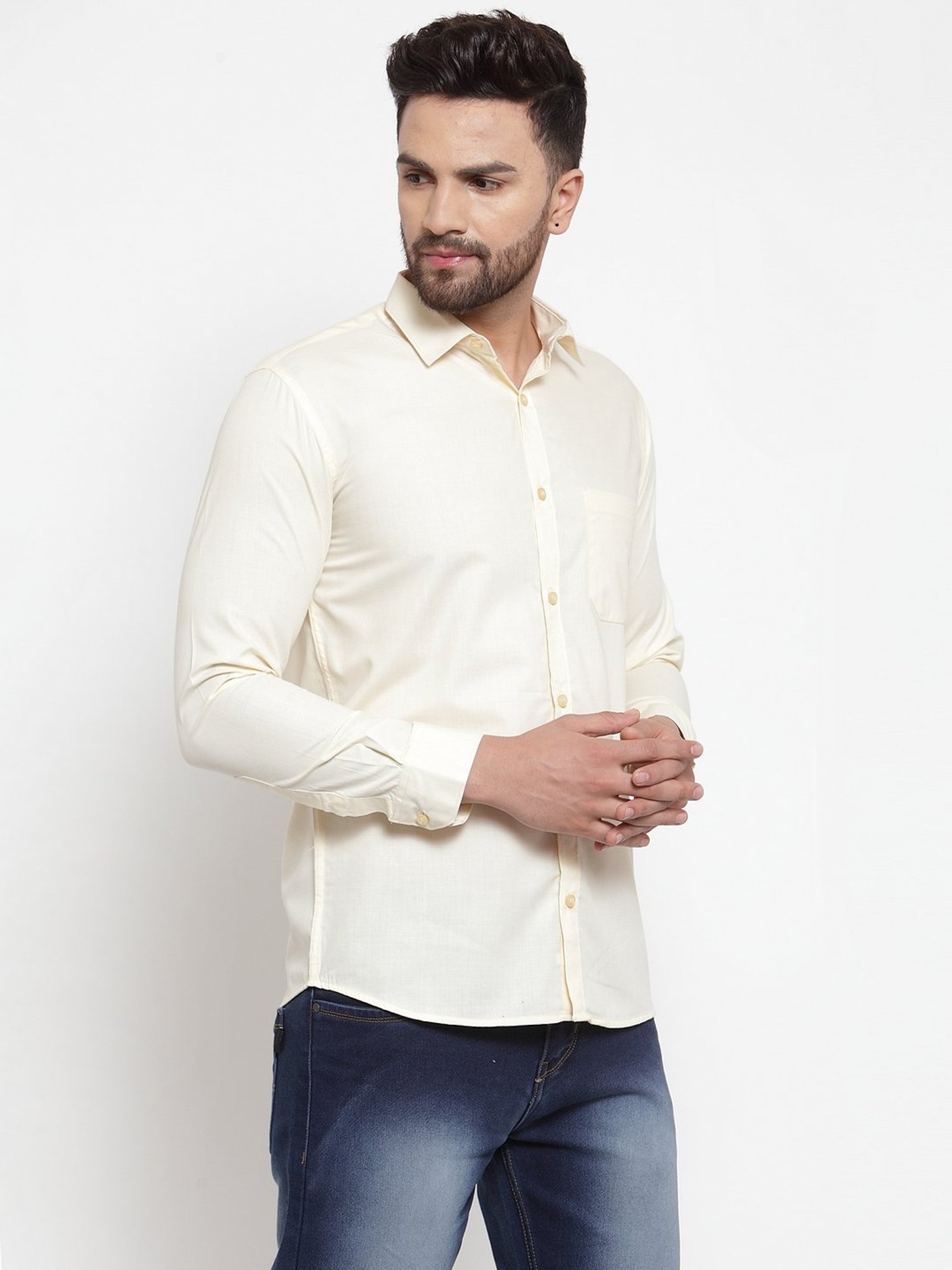 Jainish Cream Cotton Regular Fit Shirt