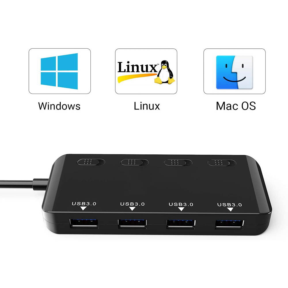 Powered USB Hub Splitter 3.0-4 Port Black Non Slip USB Data Hub with One Smart Charging Port,Individual On/Off Blue LED Indicator Power Switches Compatible for Mouse/Keyboard/PC/USB Flash/Mobile HDD