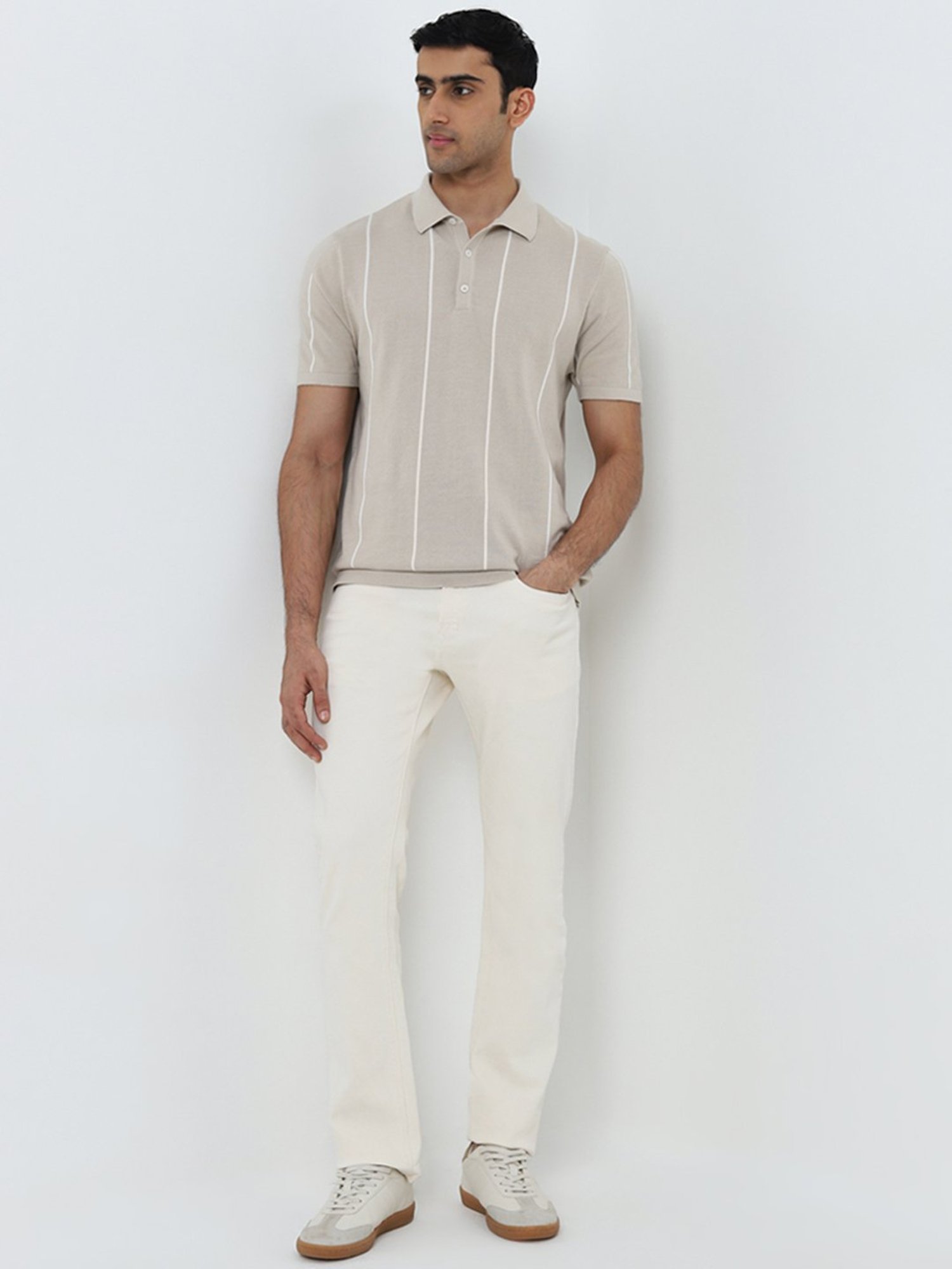 Ascot by Westside Beige Stripe Printed Relaxed-Fit Cotton Polo T-Shirt