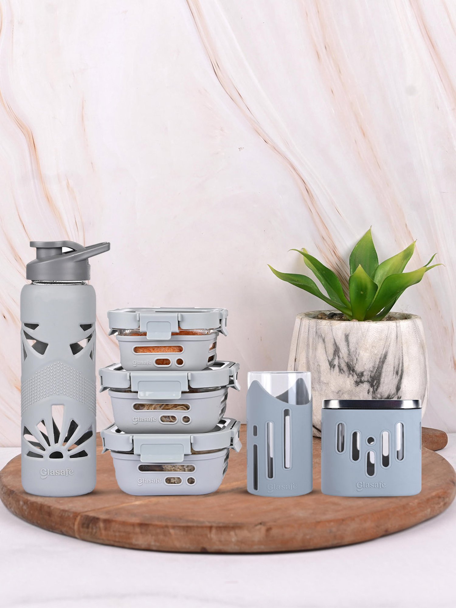 Glasafe Power Slate Grey Borosilicate Tiffin Combo