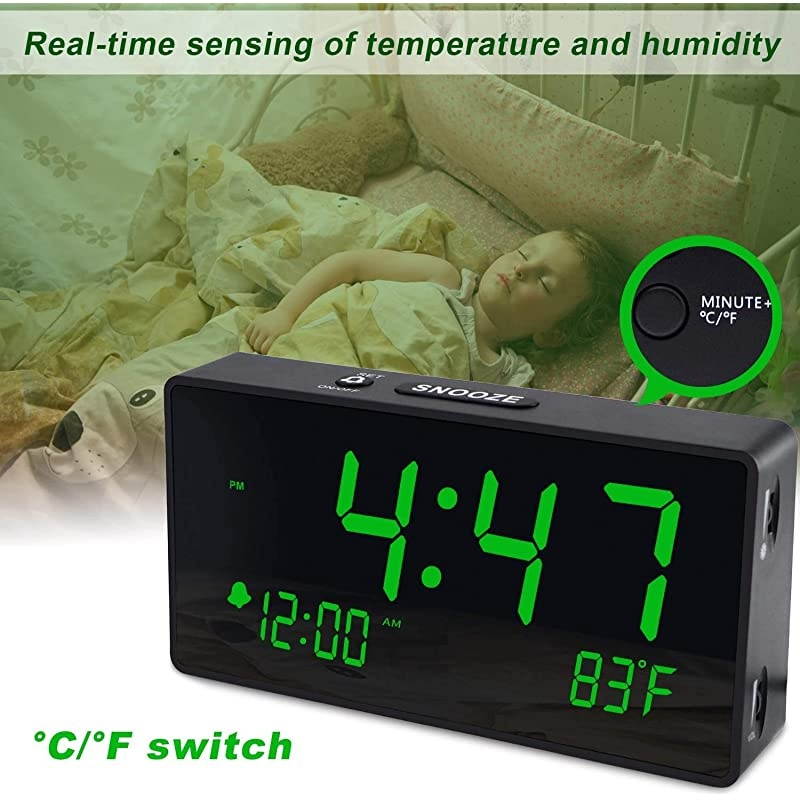 Desk Digital Alarm Clock, Large Numbers Green 6" LED Display, with USB Port for Charging, 0-100% Brightness Dimmer, Temperature, Snooze , Adjustable Alarm Volume,Small Bedside Clocks.