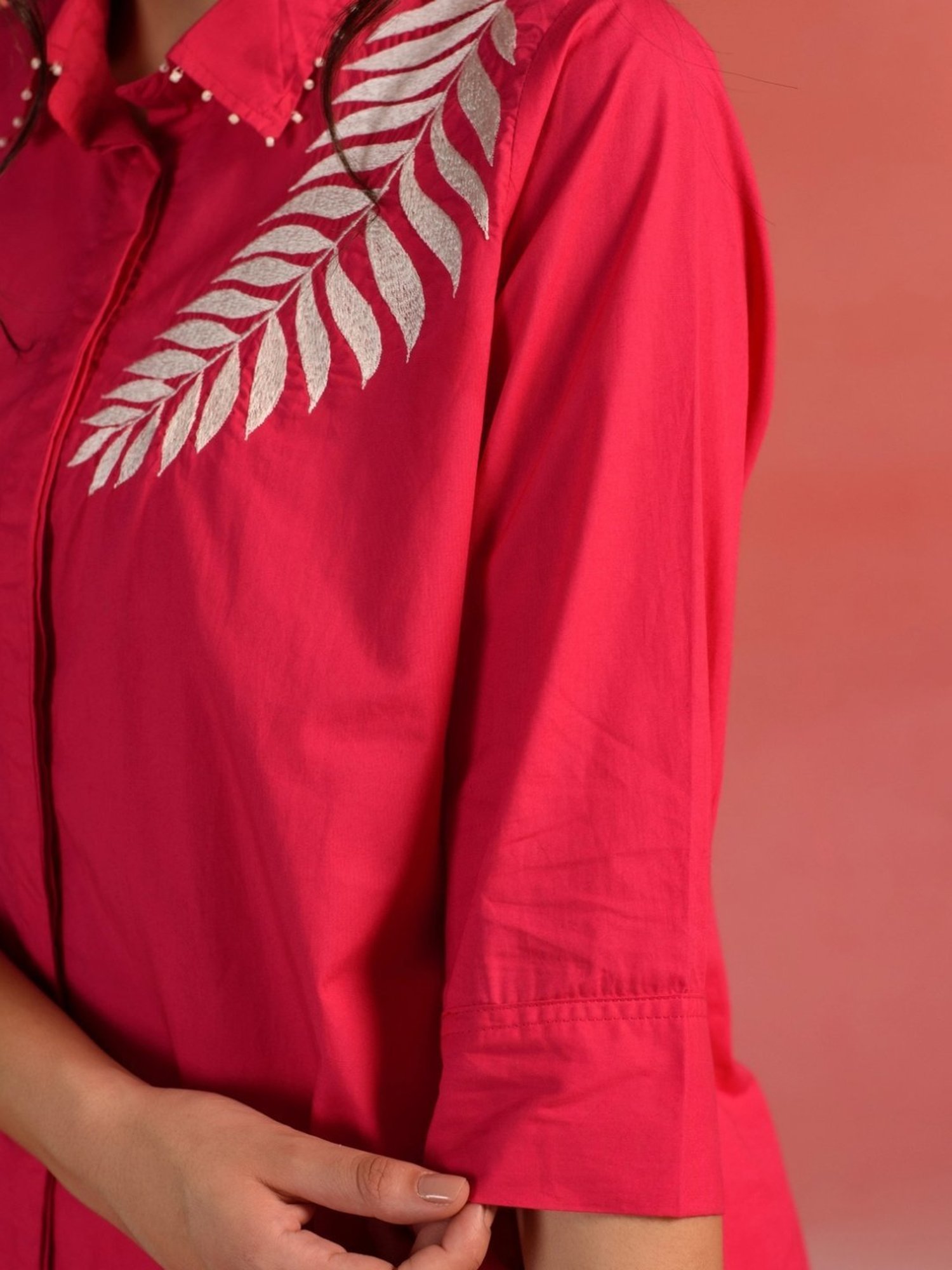 Kameez by Pooja Red Orange Embroidered Poplin Shirt with Pant Co-ord Set