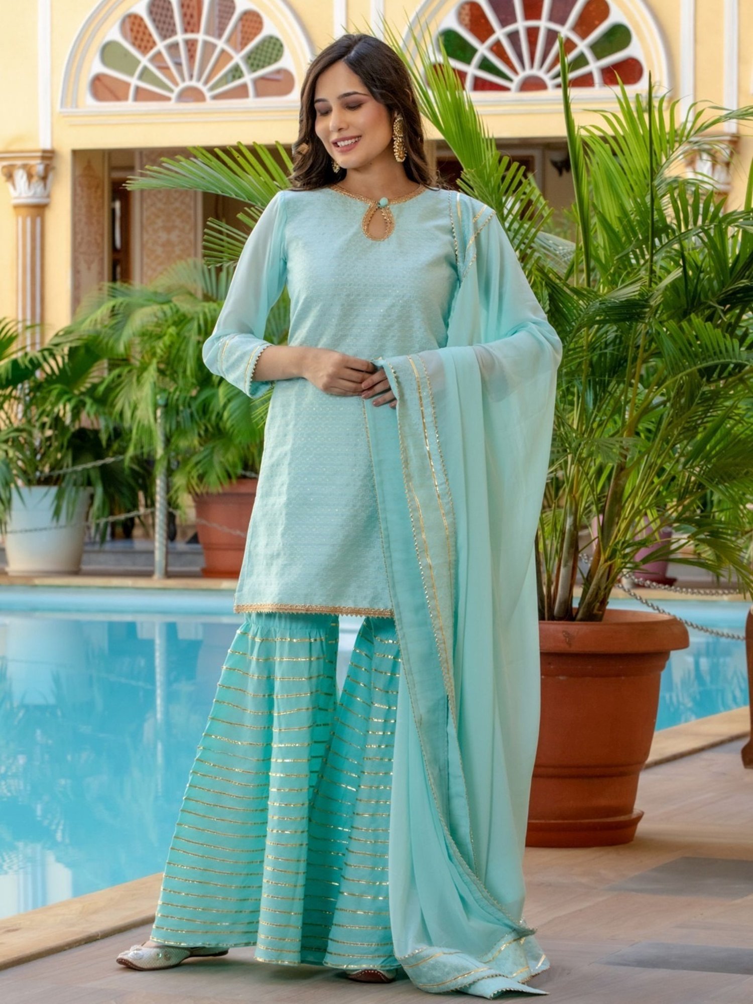 HOUSE OF JAMOTI Blue Woven Pattern Kurti Sharara Set With Dupatta
