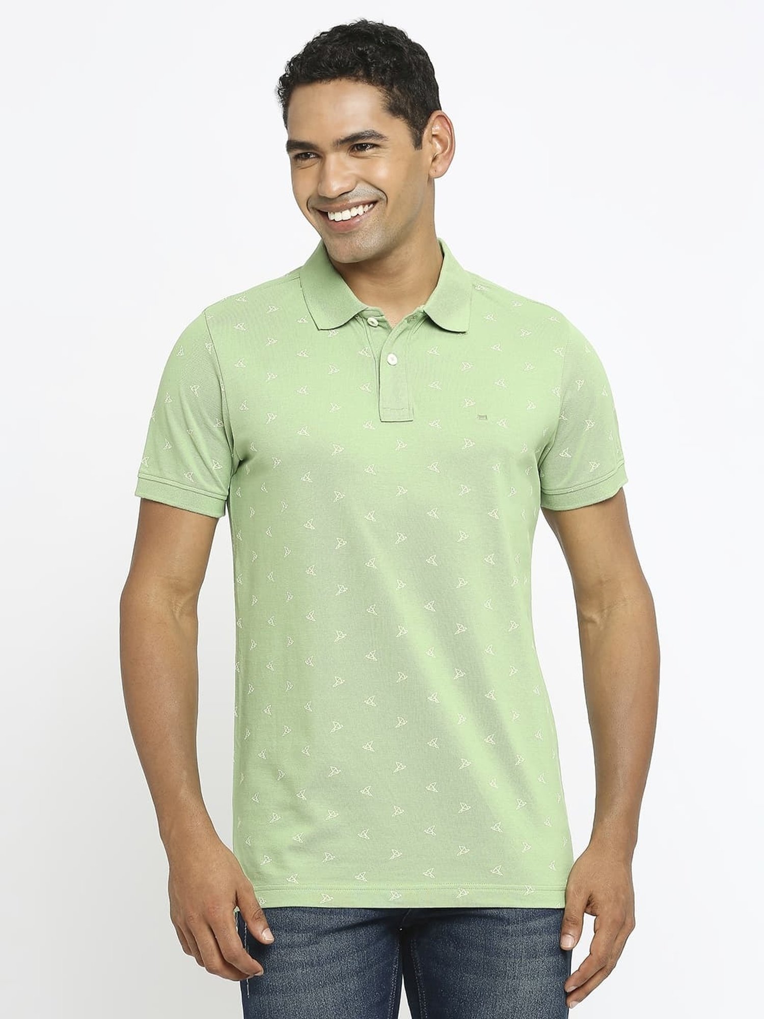 Basics Green Cotton Muscle Fit Printed Polo T-Shirt