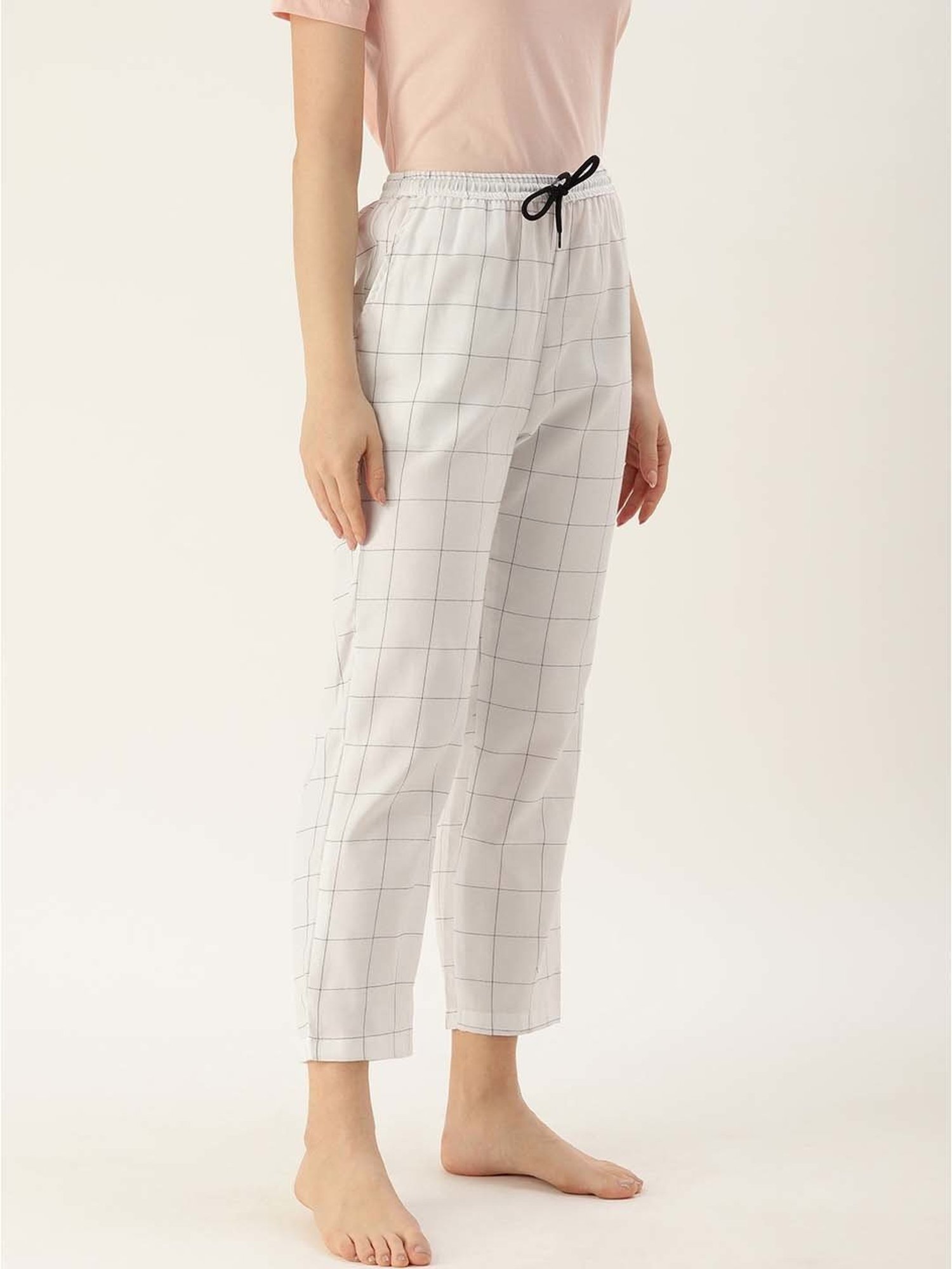 Kryptic White Cotton Chequered Lounge Pants