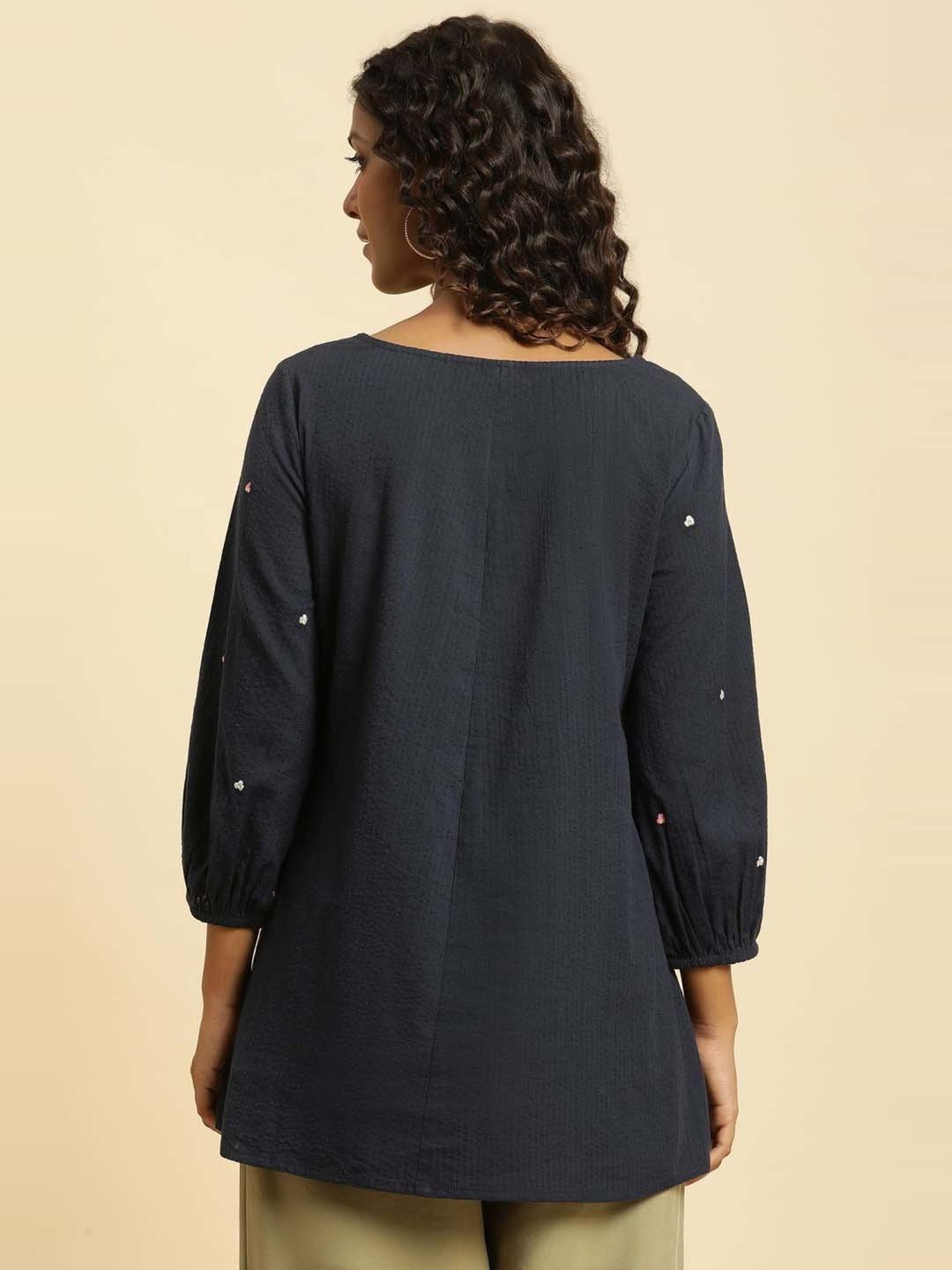 W Navy Cotton Embroidered Top
