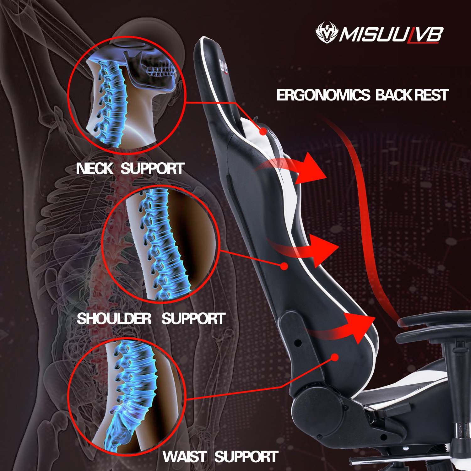 Gaming Chair, Racing Style Computer Desk Chair Padded Armrests Ergonomic Lumbar Support Adjustable Height