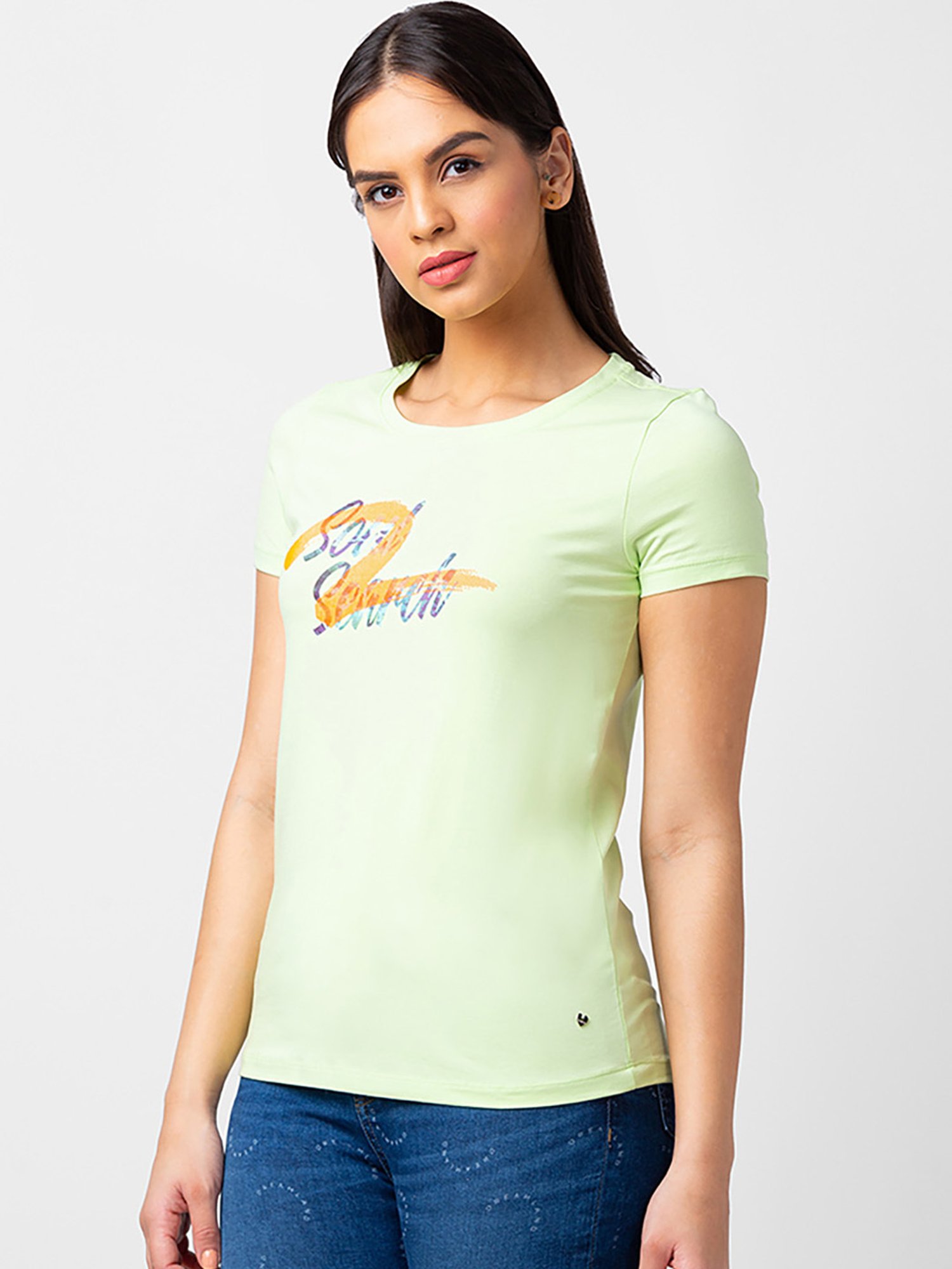 Spykar Mint Green Printed T-Shirt
