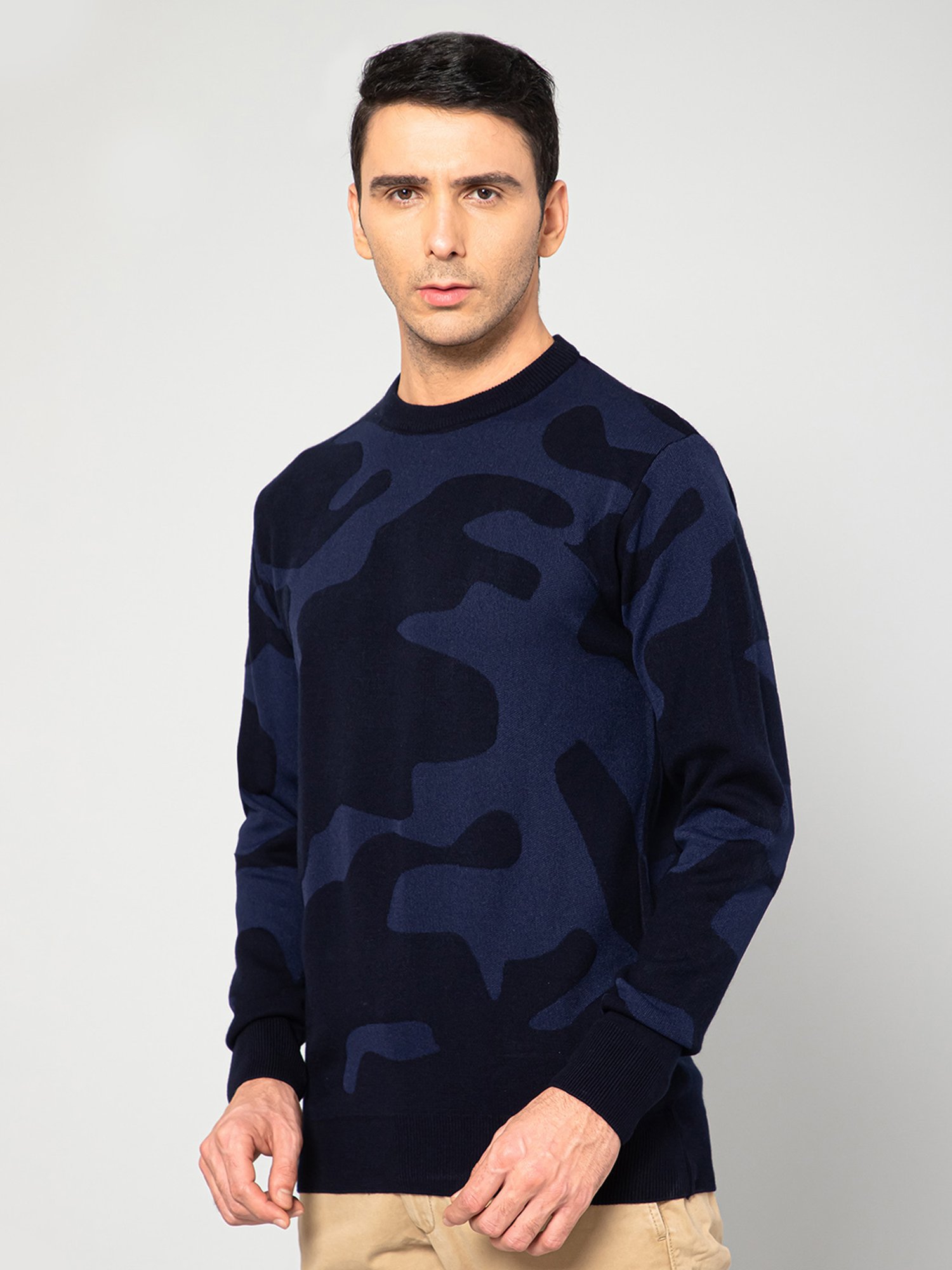 Cantabil Navy Regular Fit Self Design Sweater