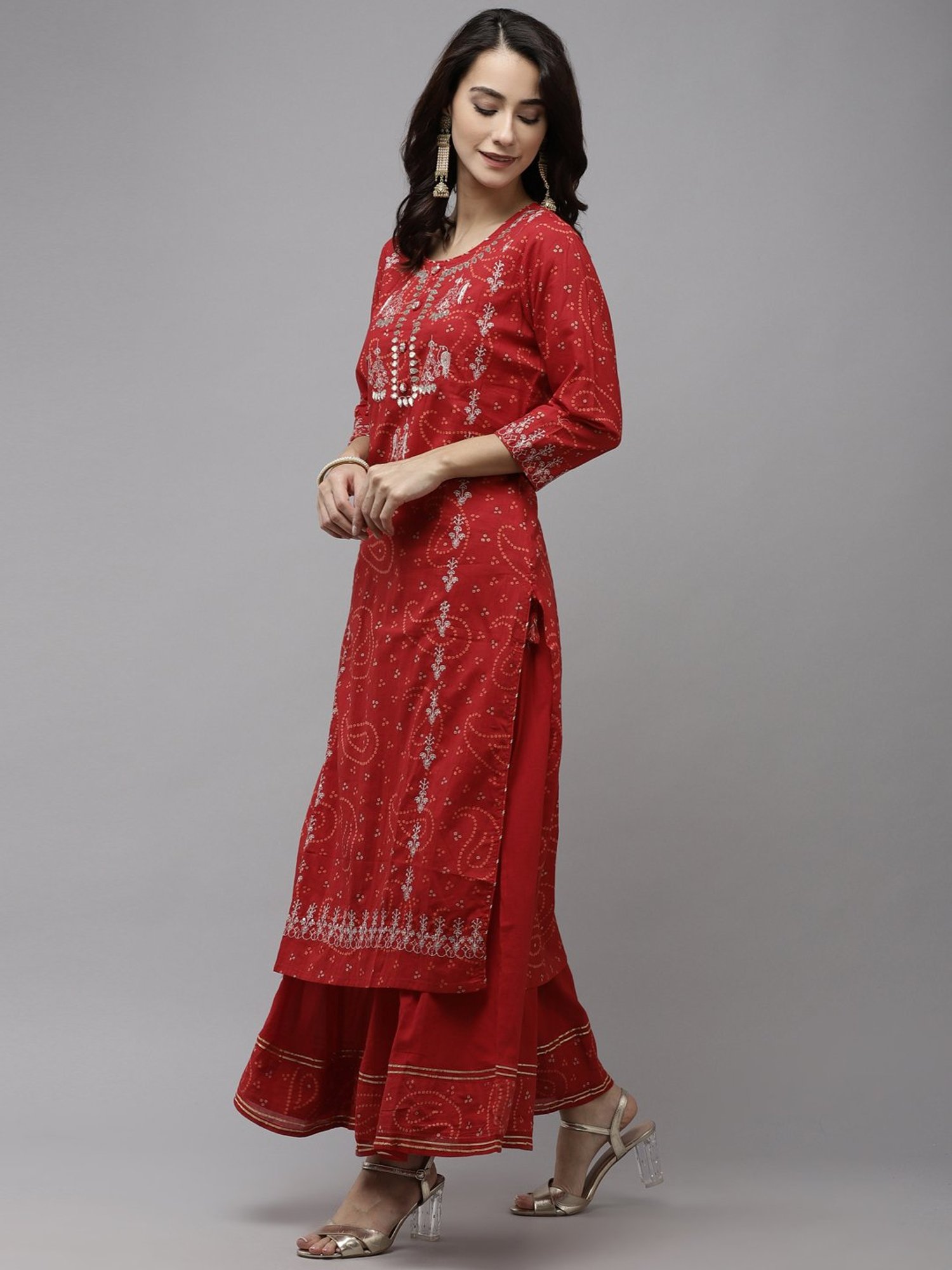 Ishin Red Pure Cotton Embellished Kurta Sharara Set With Dupatta