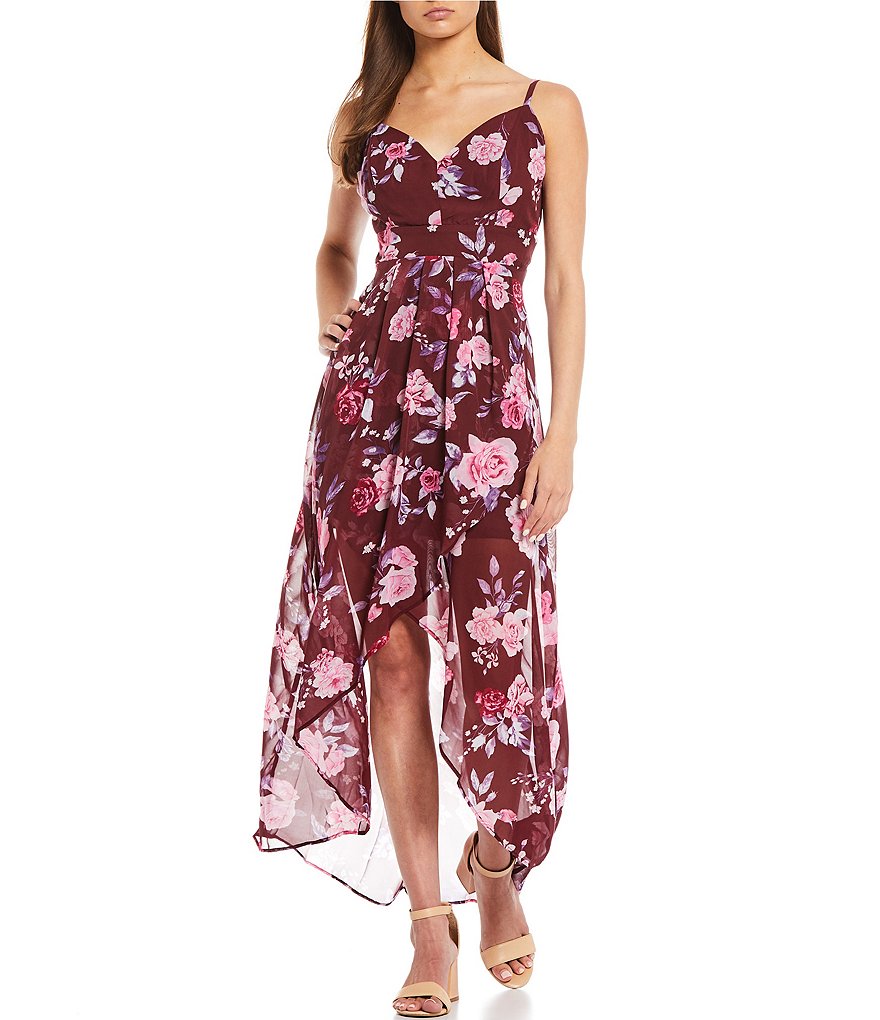 Midnight Doll Spaghetti-Strap V-Neck Pleated Floral Print Chiffon Maxi Dress