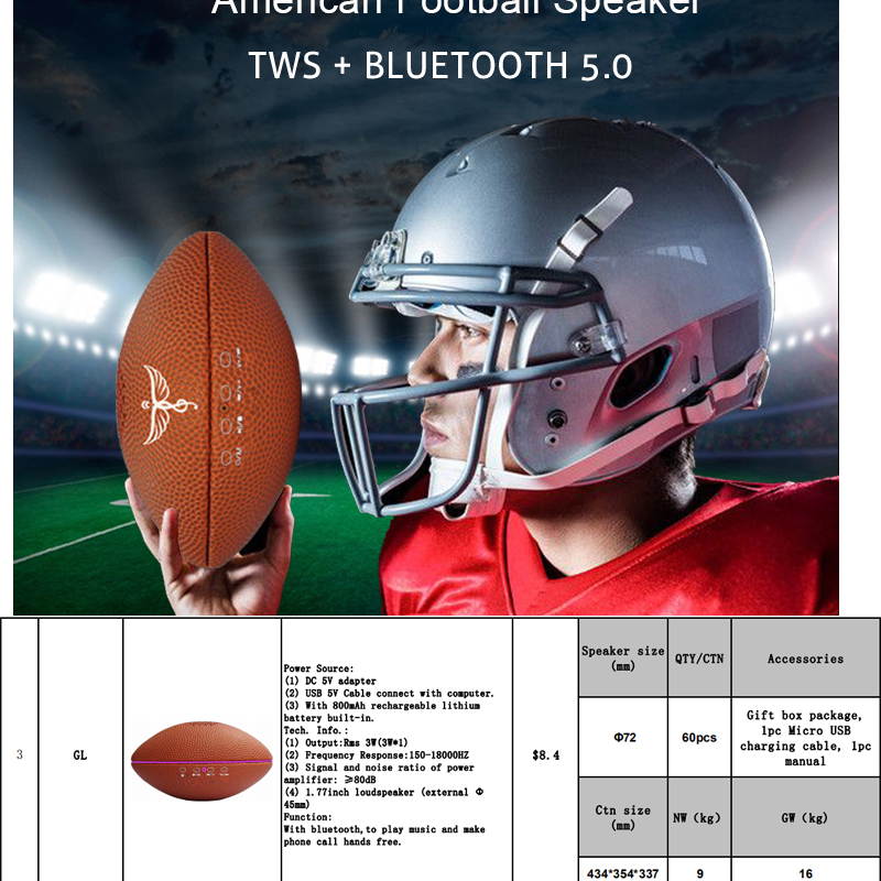 American Football Rugby Mini Portable Speaker Bluetooth BT 5.0 with MIC Bass Stereo Sound For Mobile Phone table or PC