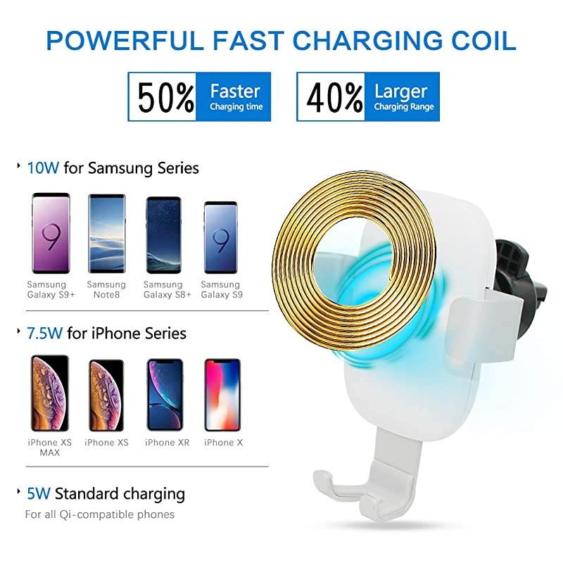 Car Charger Mount QI Fast Charging Auto Clamping Phone Holder Air Vent Compatible with Samsung Galaxy S10 S9 S8 S7 Edge Note 8 5 + iPhone X Xs Max 8 Plus