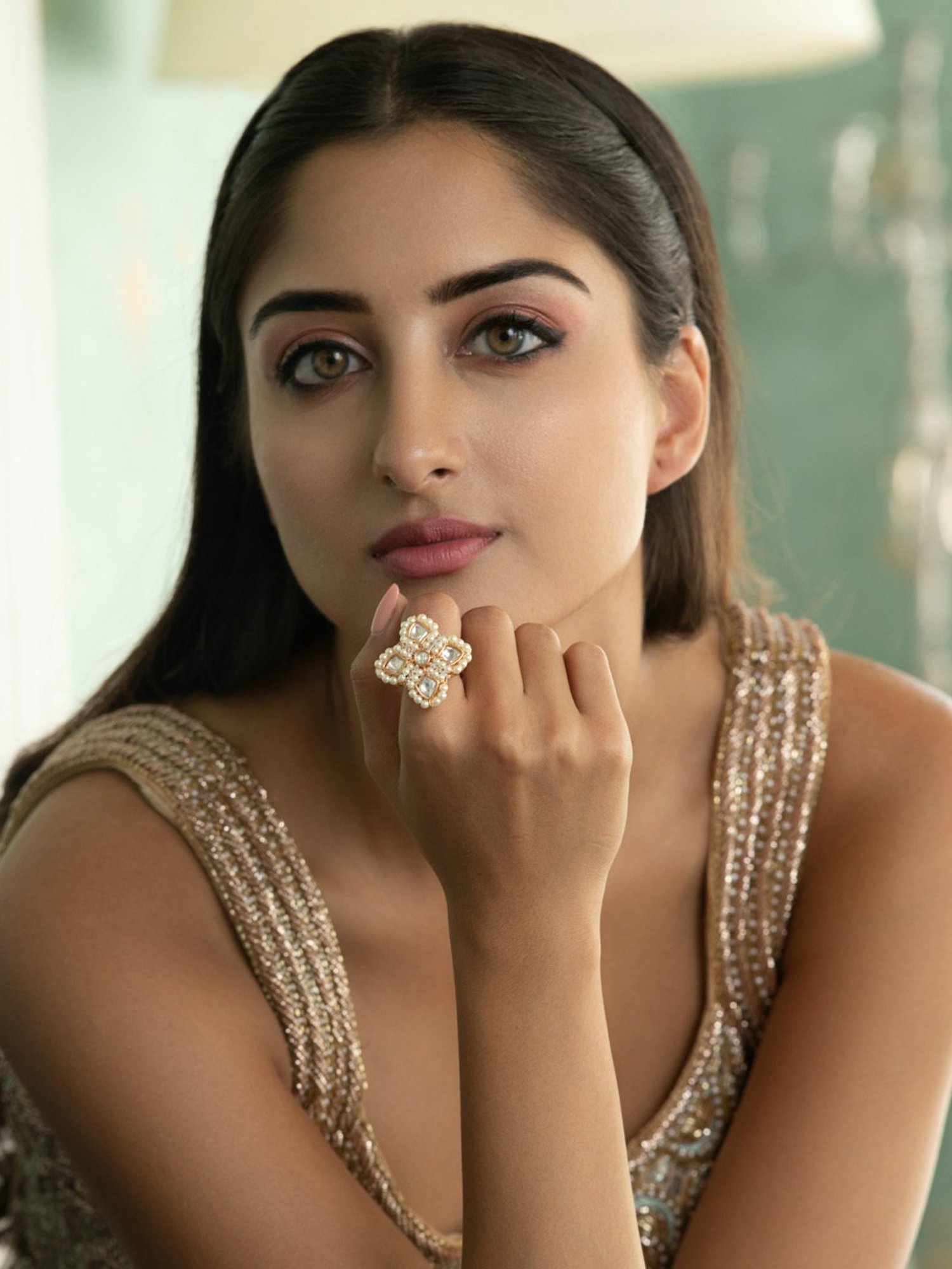 Curio Cottage Bridal Kundan & Pearl Matte Adjustable Ring