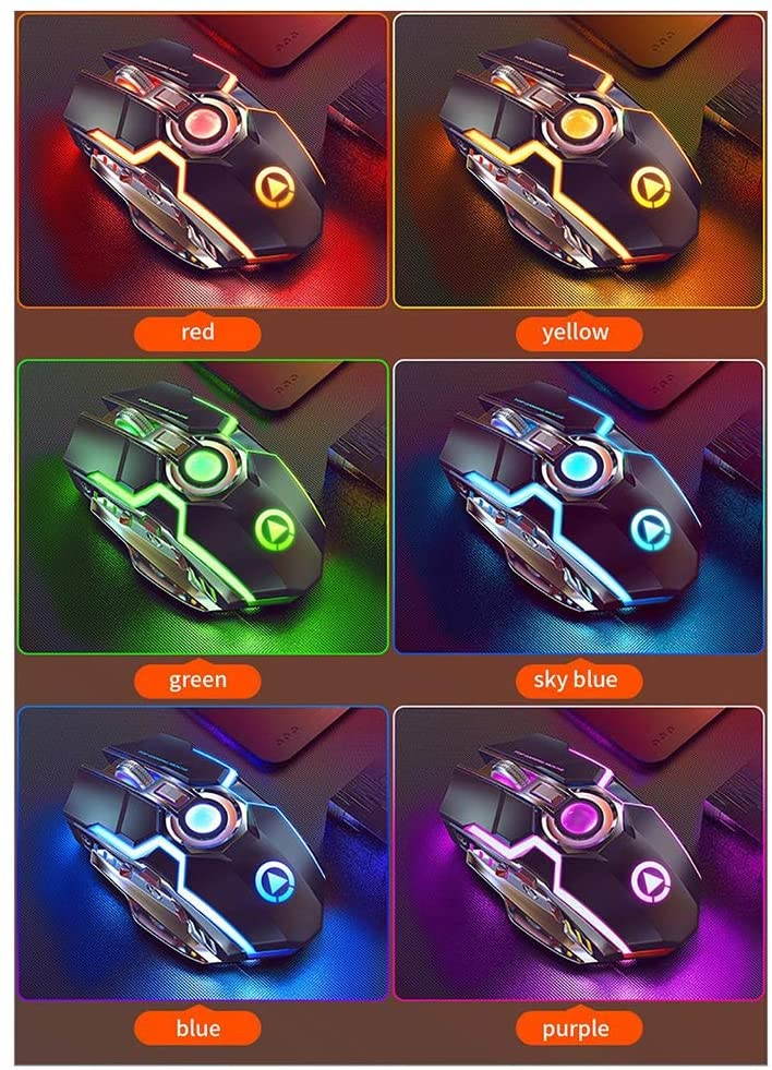 CUUWE Wireless Gaming Mouse2.4G, A5 Ergonomic RGB Backlit 7 Buttons 1600DPI Rechargeable Silent Cordless Mouse for PC Laptop