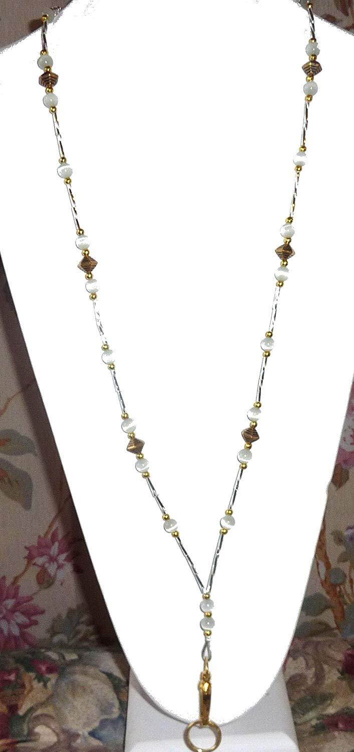 SUPER SLIM Style Fashion Women's Beaded Lanyard 34", Breakaway and Non breakaway available, For Keys, Badge Holder (GOLD Super Slim White - NON Breakaway(Stronger)
