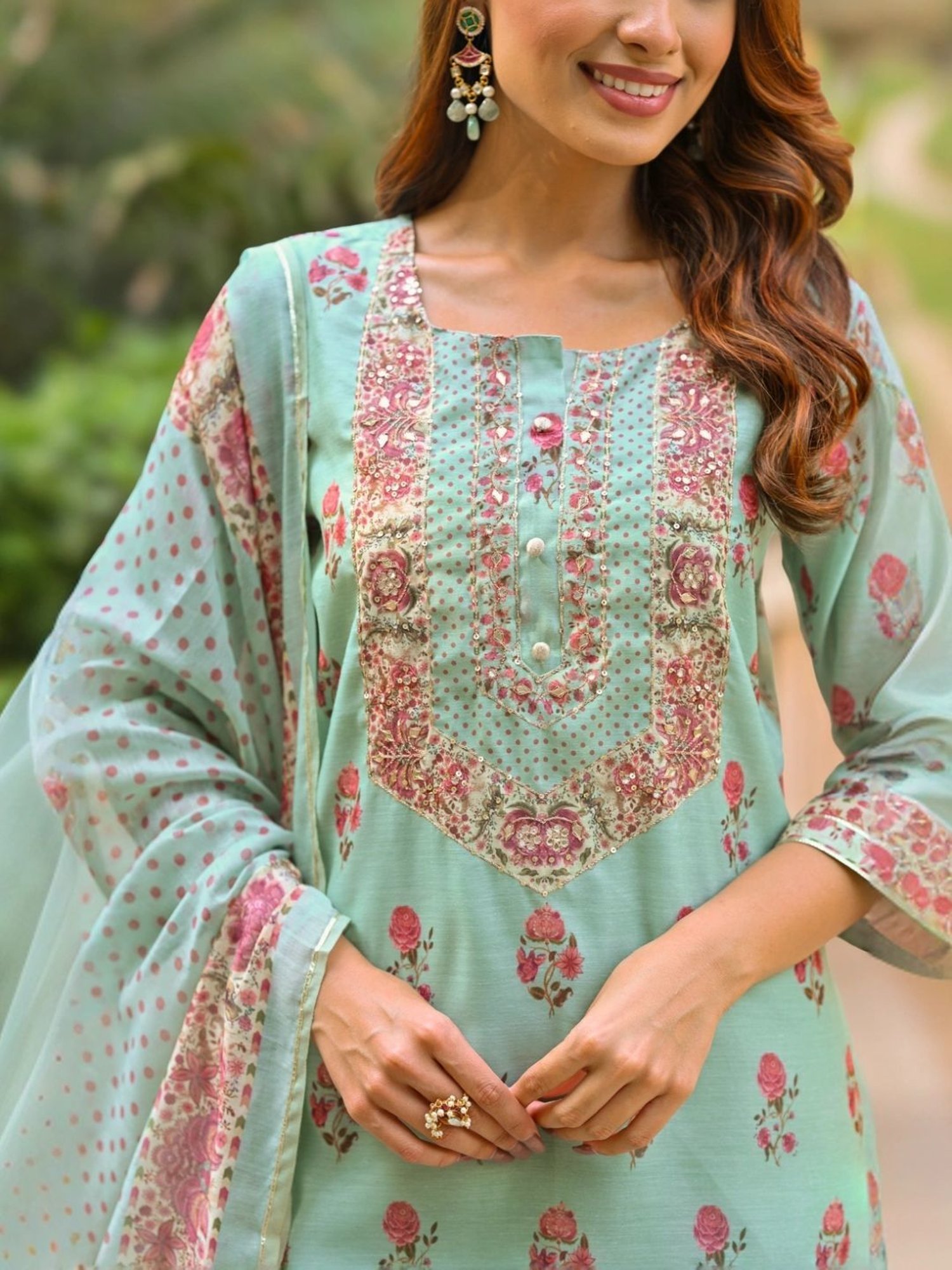 Mahee Jaipur Blue Daman Block Print Chanderi Kurta with Pant and Dupatta