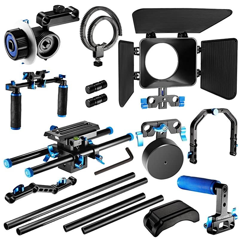 Film Movie Video Making System Kit for Canon Nikon Sony and Other DSLR Cameras Video Camcorders includes Cshaped BracketHandle Grip15mm RodMatte BoxFollow FocusShoulder Rig Blue+Black