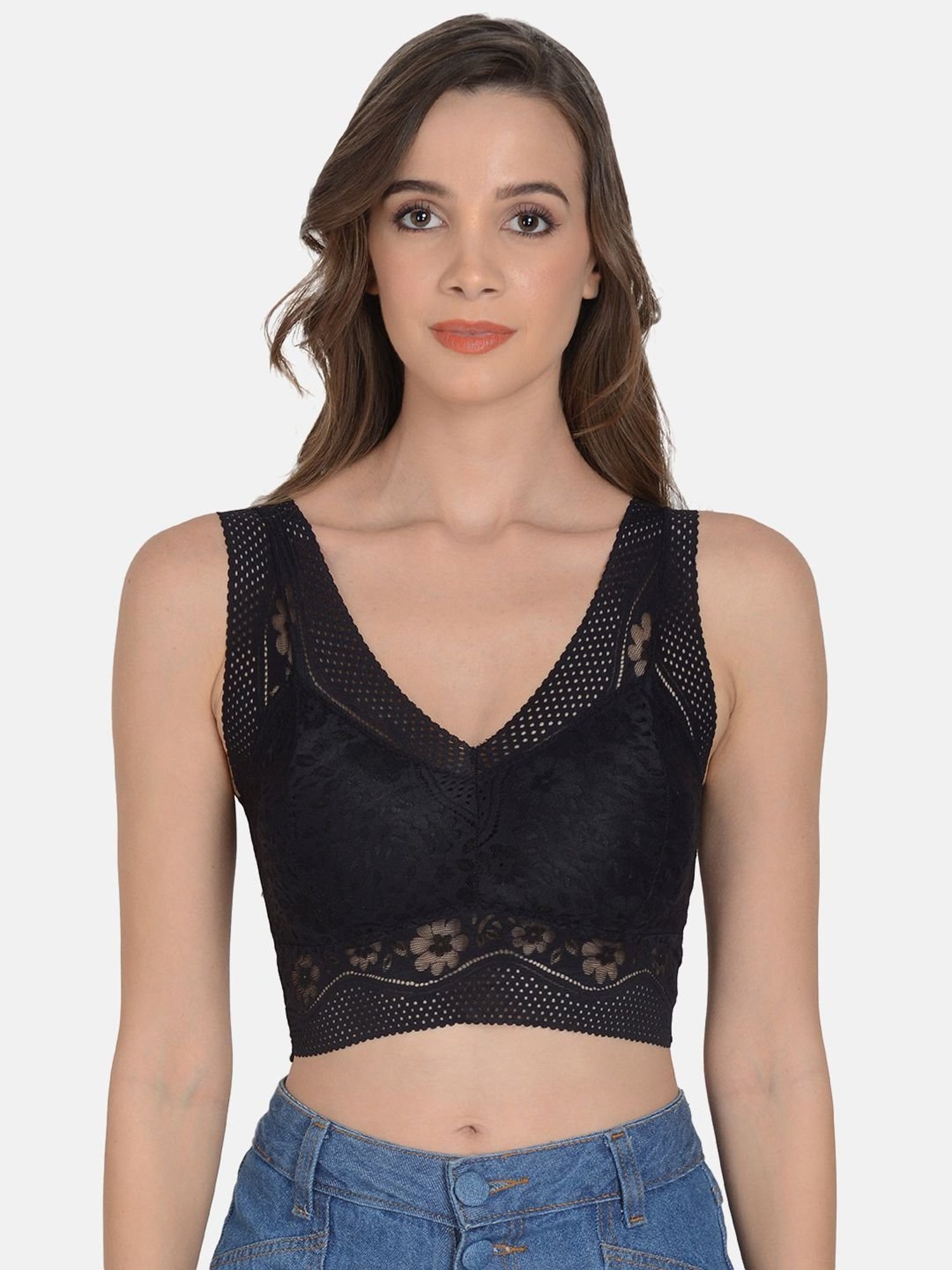 mod & shy Black Lace Work Removable Padded Bralette Bra