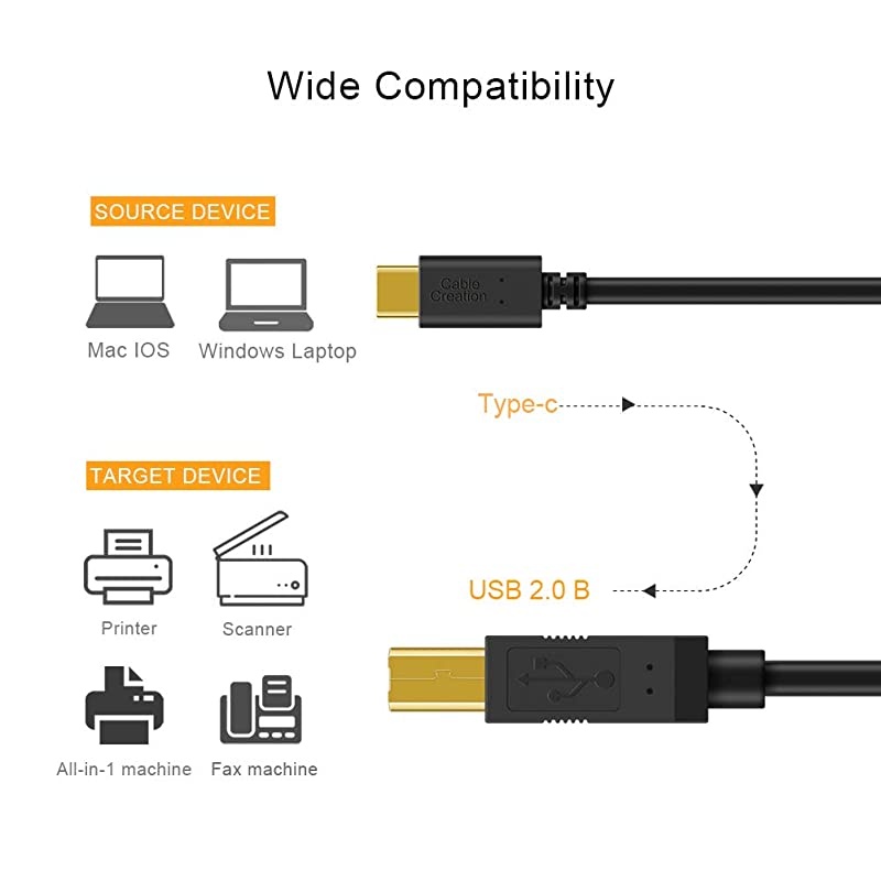 USB C to USB B Printer Cable 66 Feet USB C Printer Cable Compatible with MacBook Pro HP Canon Brother Samsung Printers etc 2M Black