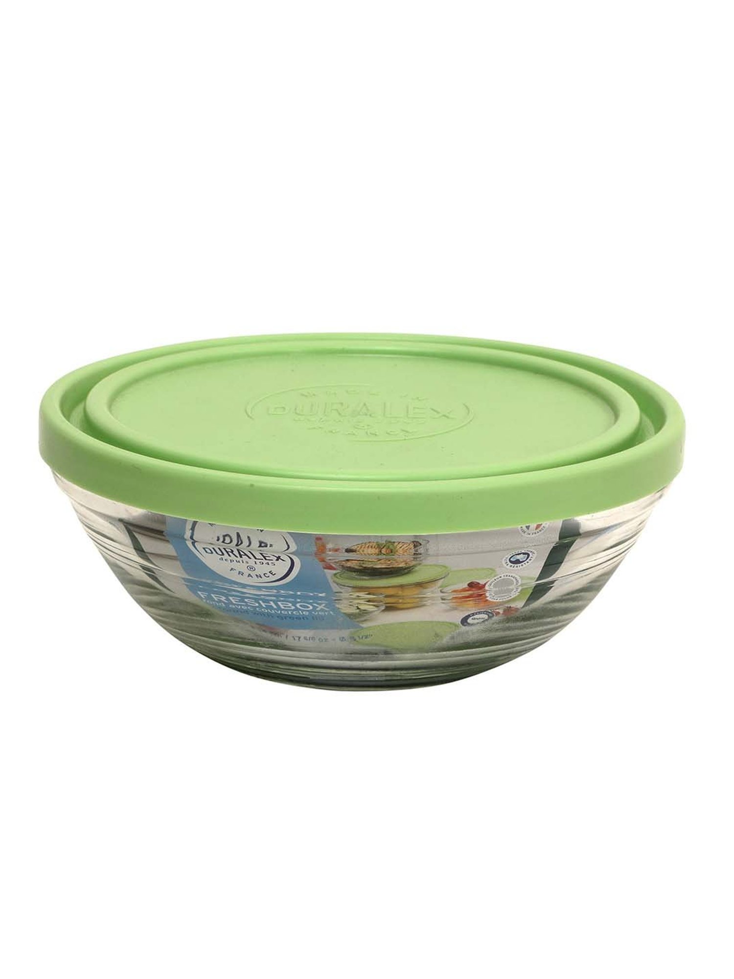 Duralex 'Freshbox' Transparent & Green Glass 14 cm Container With Lid (0.5 L) - Set of 3