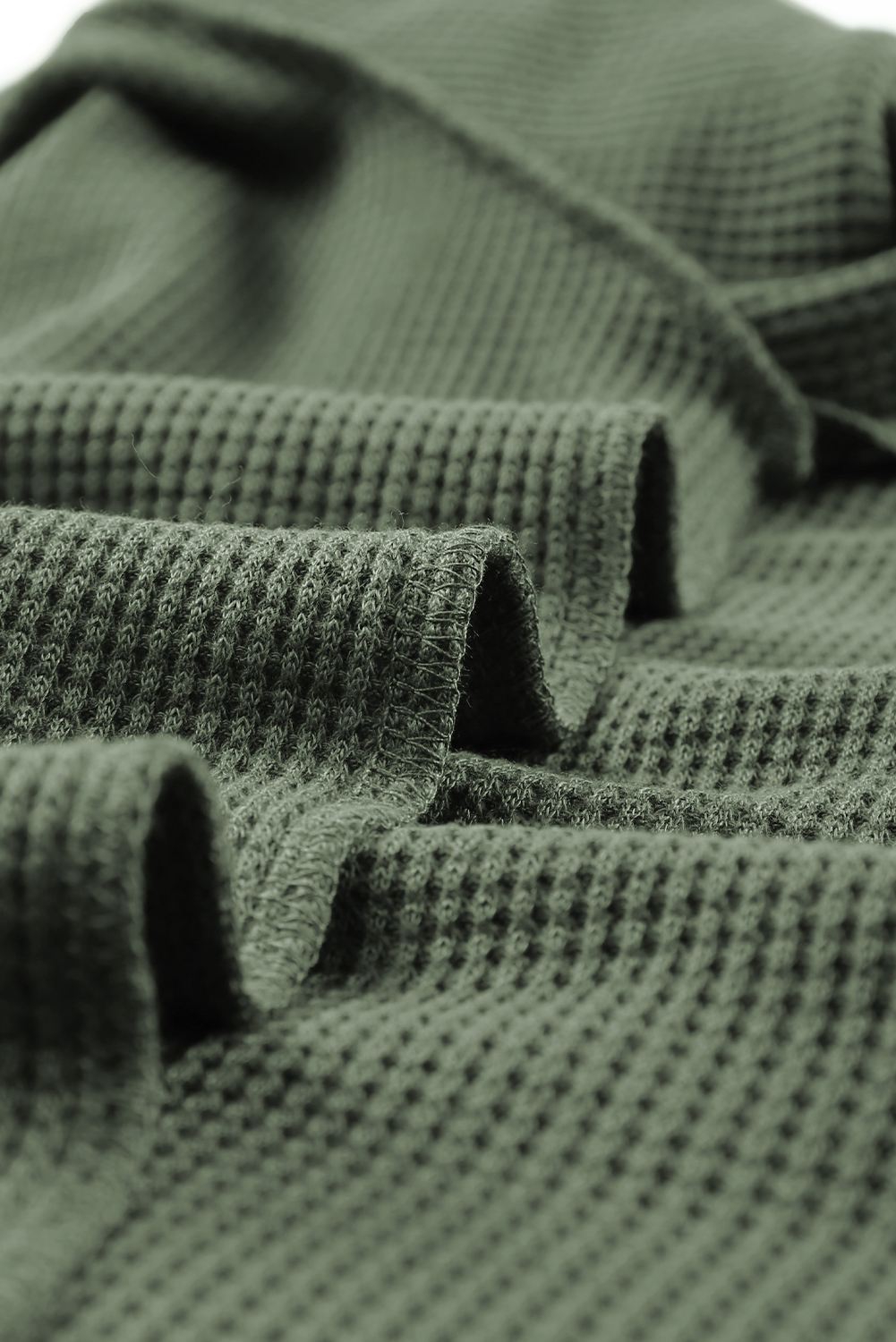 Green Plain Waffle Knit Bishop Sleeve Square Neck Top