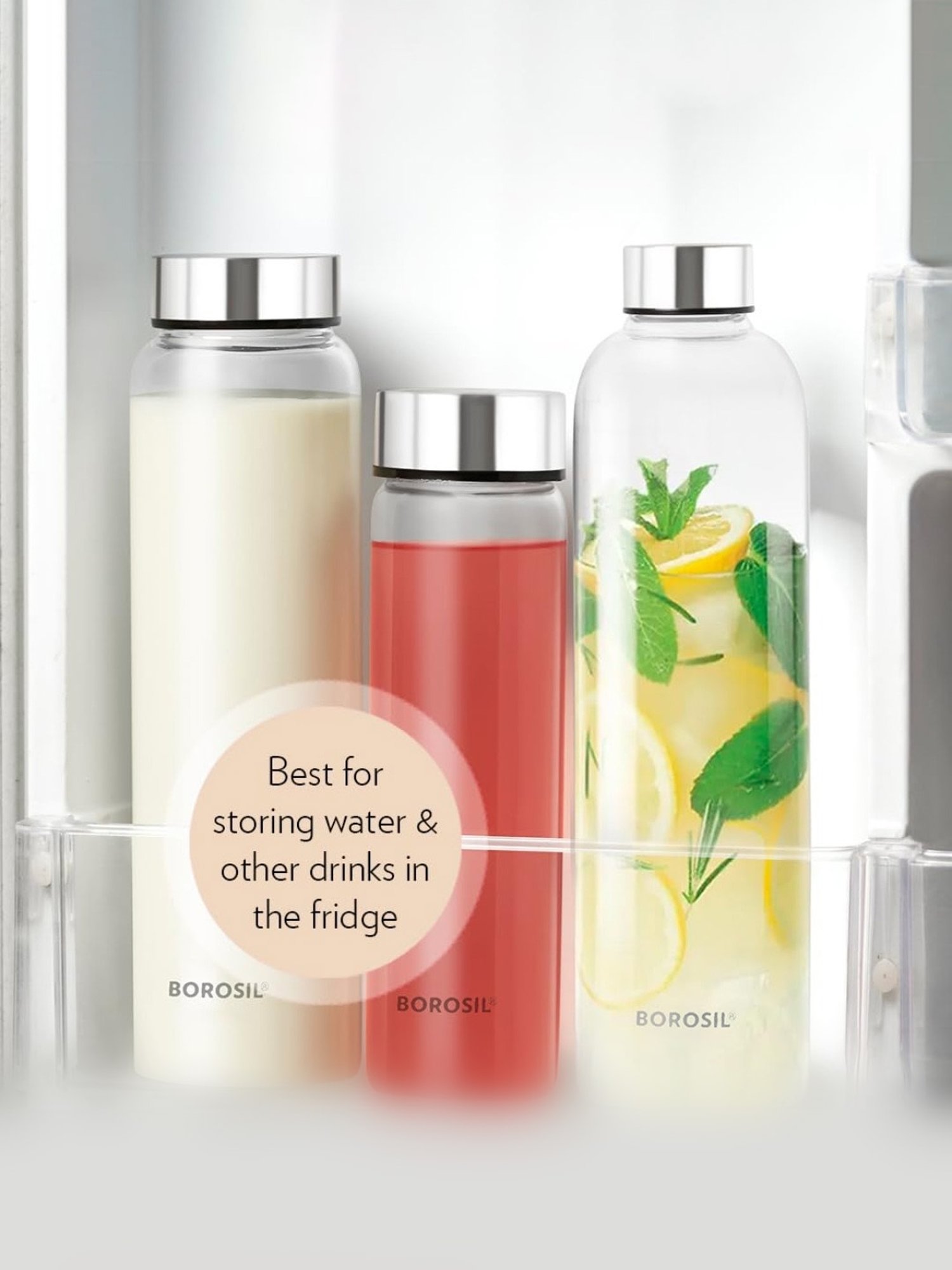 Borosil Water Bottle with Leakproof & Easy to Carry Set of 3 (Transparent, 750 ml)